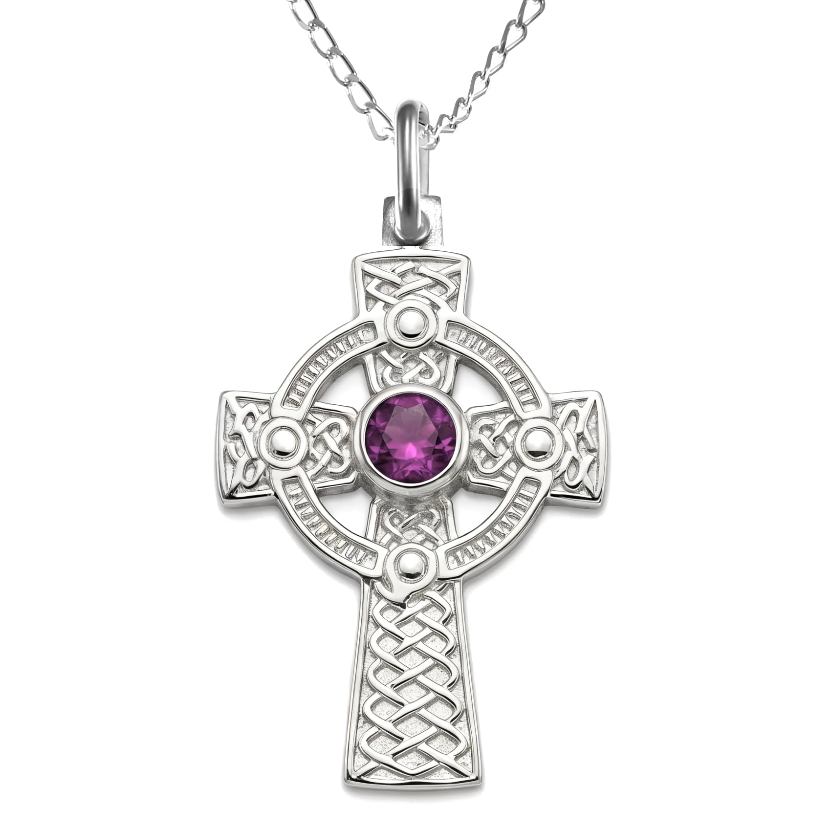 Solid 925 Sterling Silver & Amethyst Celtic Cross Pendant Necklace for Women with 18" Silver Chain & Jewellery Gift Box - 32mm x 20mm