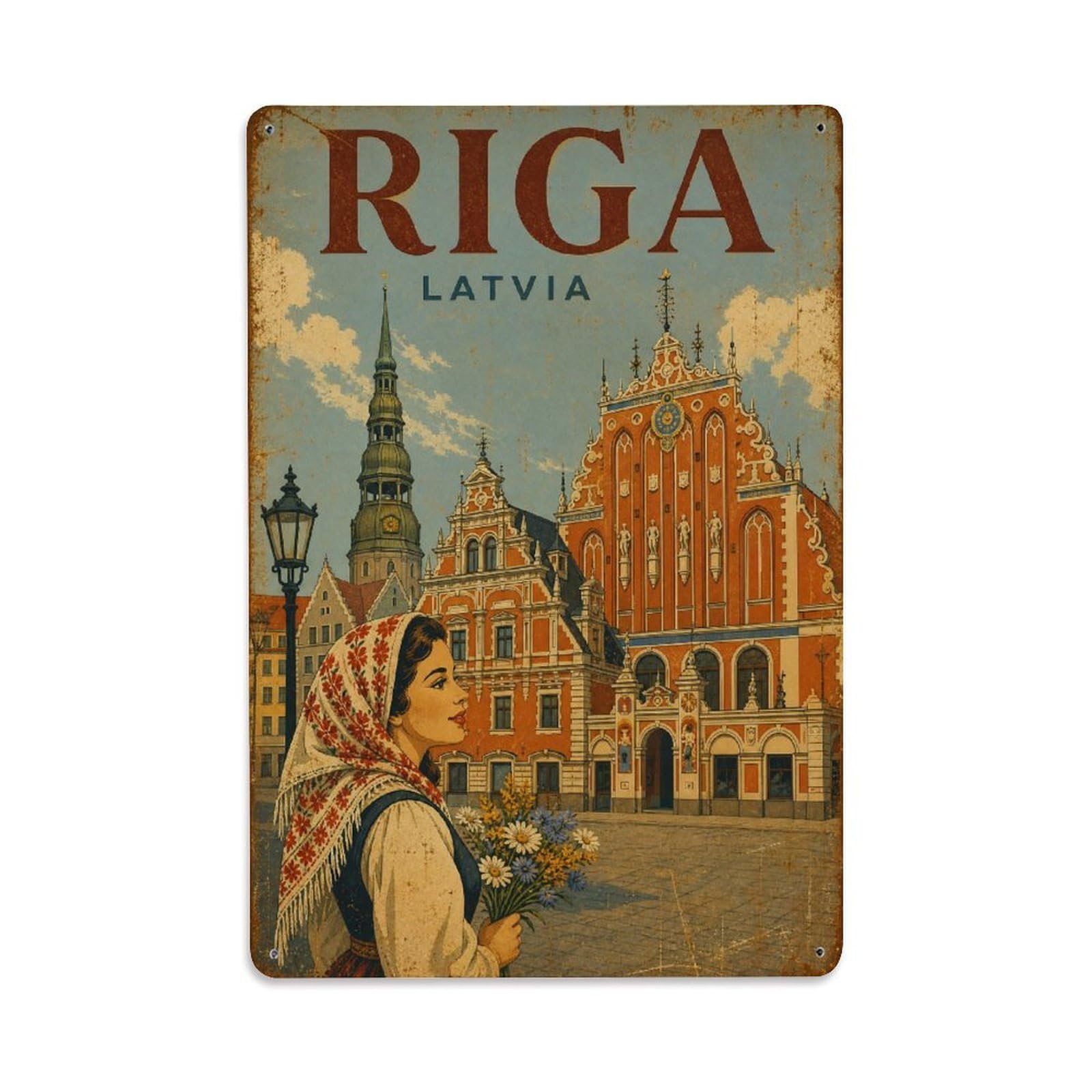 Retro Travel Latvia Riga Metal Tin Sign