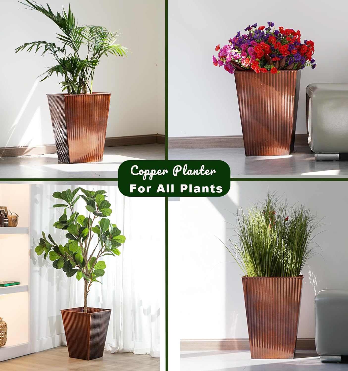 Ultiteque18 H x13 Dia Large Copper Metal Planter Set of 2, Tall Square Tapered Steel Flower pots for Indoor Plants, Indoor Plant Pots Lightweight for Apartment Office, Planter Pots with Drainage&Plug