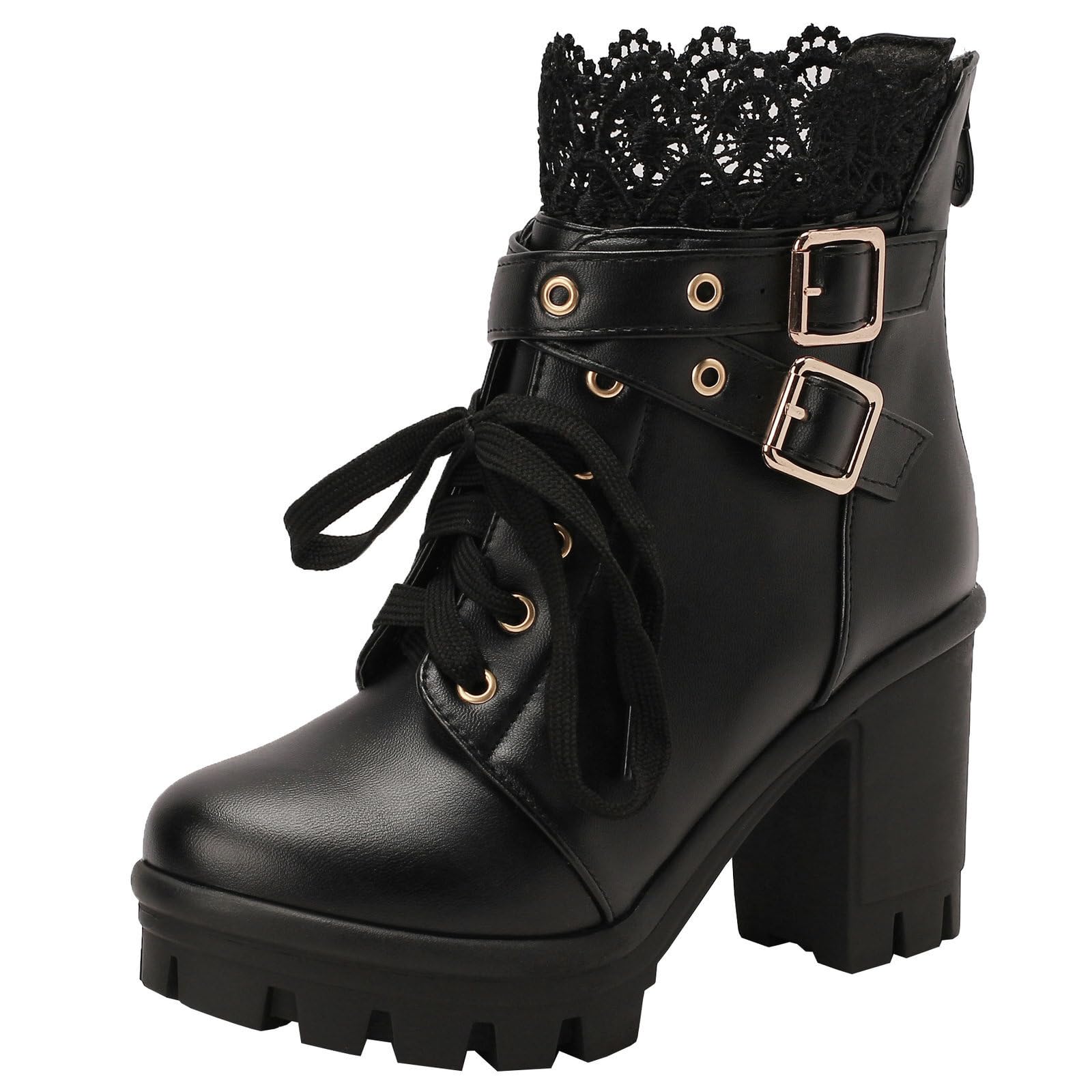 Parisuit Womens Chunky Platform Ankle Boots High Heel Lace Up Boots Sweet Lace Back Zipper Shoes