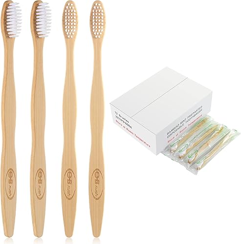 Cepillo de dientes prepegado de bambú, cepillo de dientes prepegado envuelto individualmente con asas de bambú, cerdas orgánicas medianas, suaves,