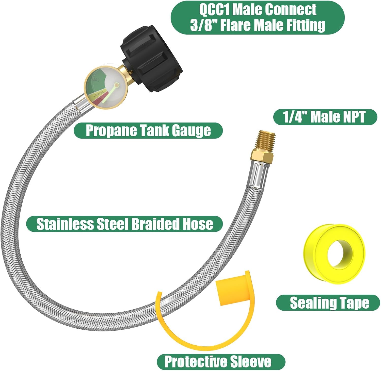 GardenNow 2 PCS RV Propane Hoses with Gauge, 24 Inch Stainless Steel Braided Camper Tank Hose, Rv lp Gas Hoses Connector for Standard Two-Stage Regulator, 40Lb 250PSI, 1/4" NPT /QCC1 Fittings