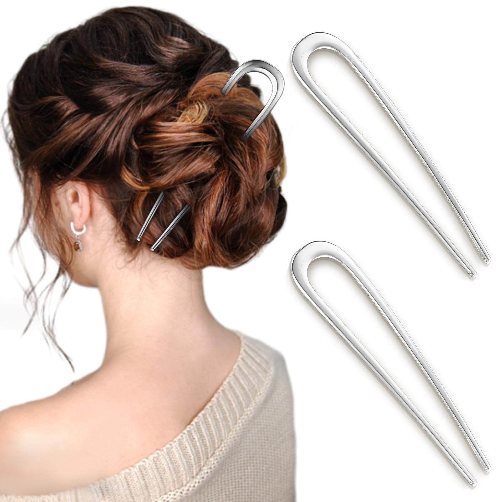 2Pcs Elegant French Hair Pins for Coiffure, 5.5 Inch Metal U-Shaped Clips for Long, Thick Hair, Vintage French Twist Desig...
