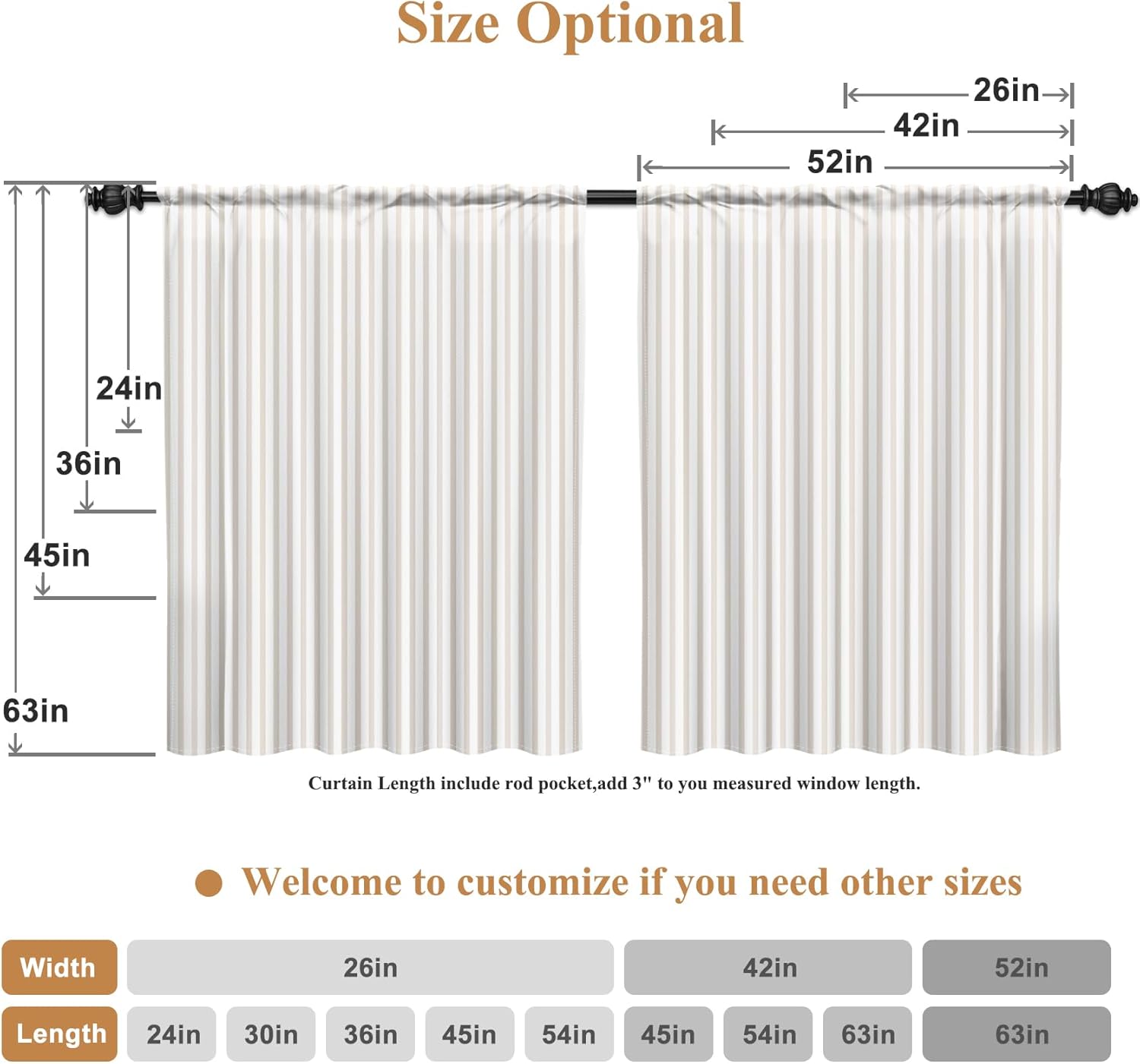 Renaiss 26 x 54 Inch Striped Short Curtains for Kitchen Windows Over Sink Country Taupe Pinstripe Curatin Linen Farmhouse Cafe Bathroom Small Curtains Rod Pocket Window Treatment Tiers 2 Panels