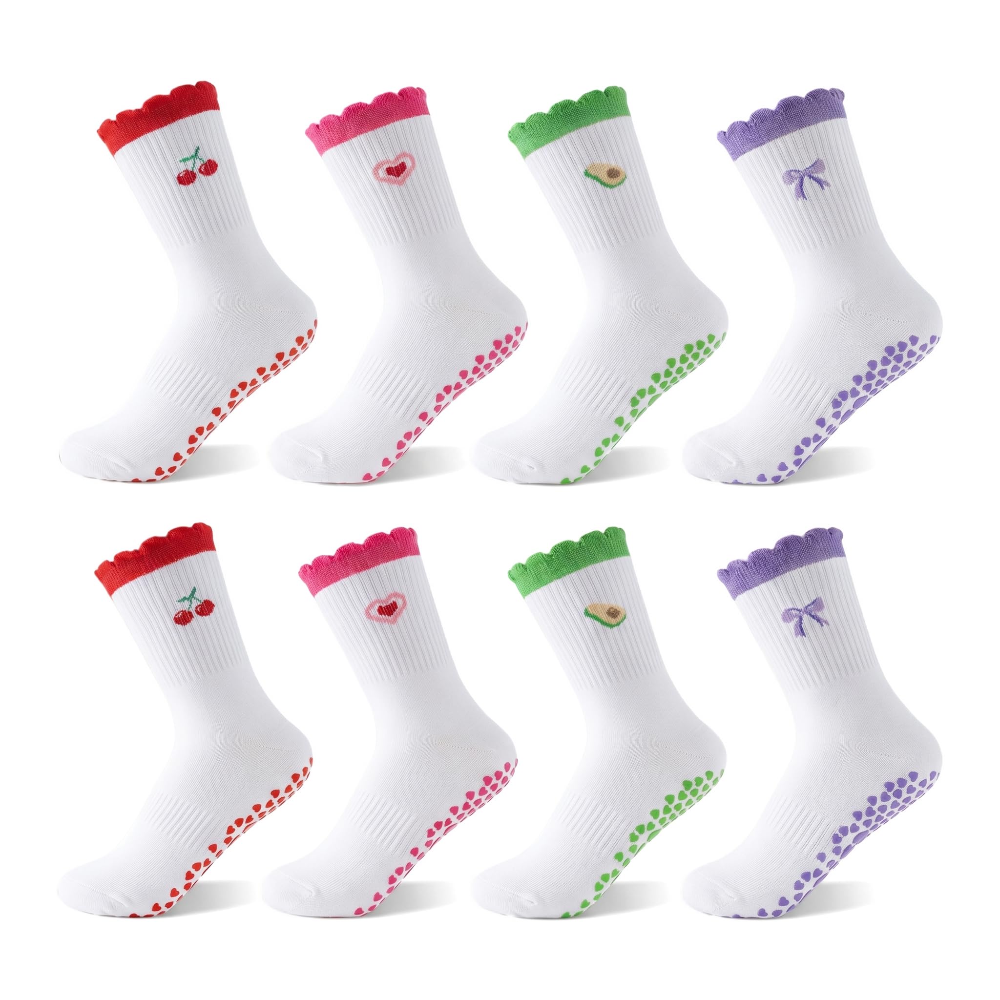 Pilates Socks, 4 Pairs Cute Non Slip Crew Grippy Yoga Socks for Women