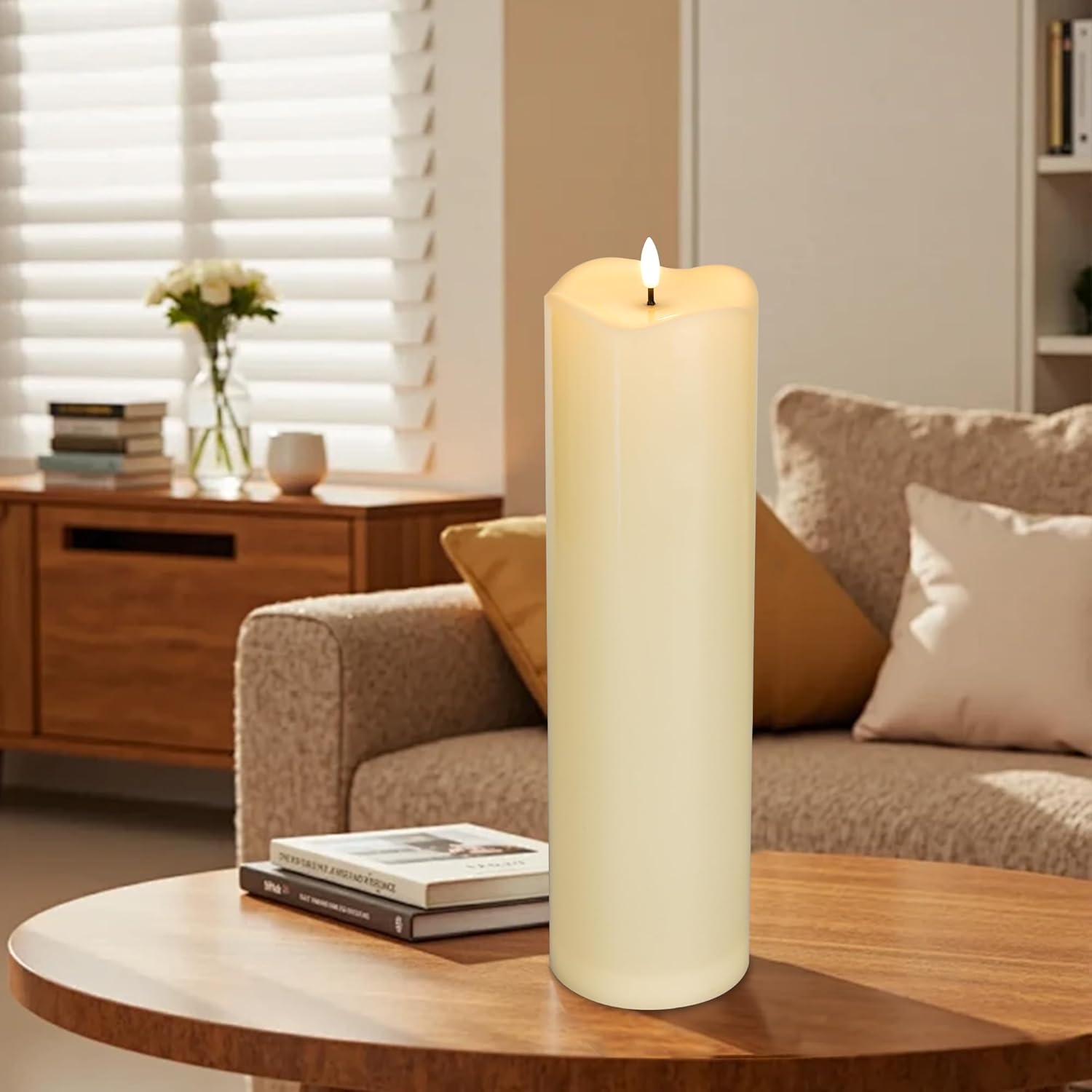 4" x14" Outdoor Candles with Timer Waterproof Large Flickering Flameless Candles with Remote Plastic Tall Pillar Candles for Indoor Outdoor Use, Ivory 1Pack