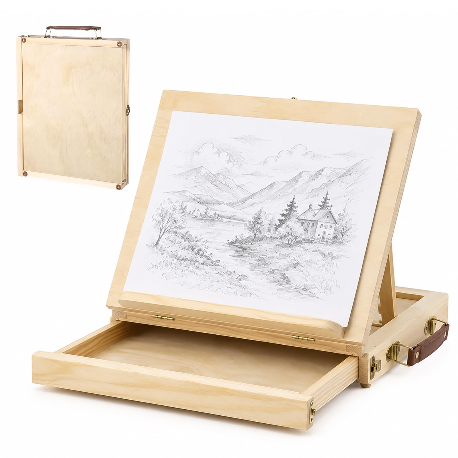 Artist Drawing Board, Solid Wood Foldable Drawing Board with Storage Drawer