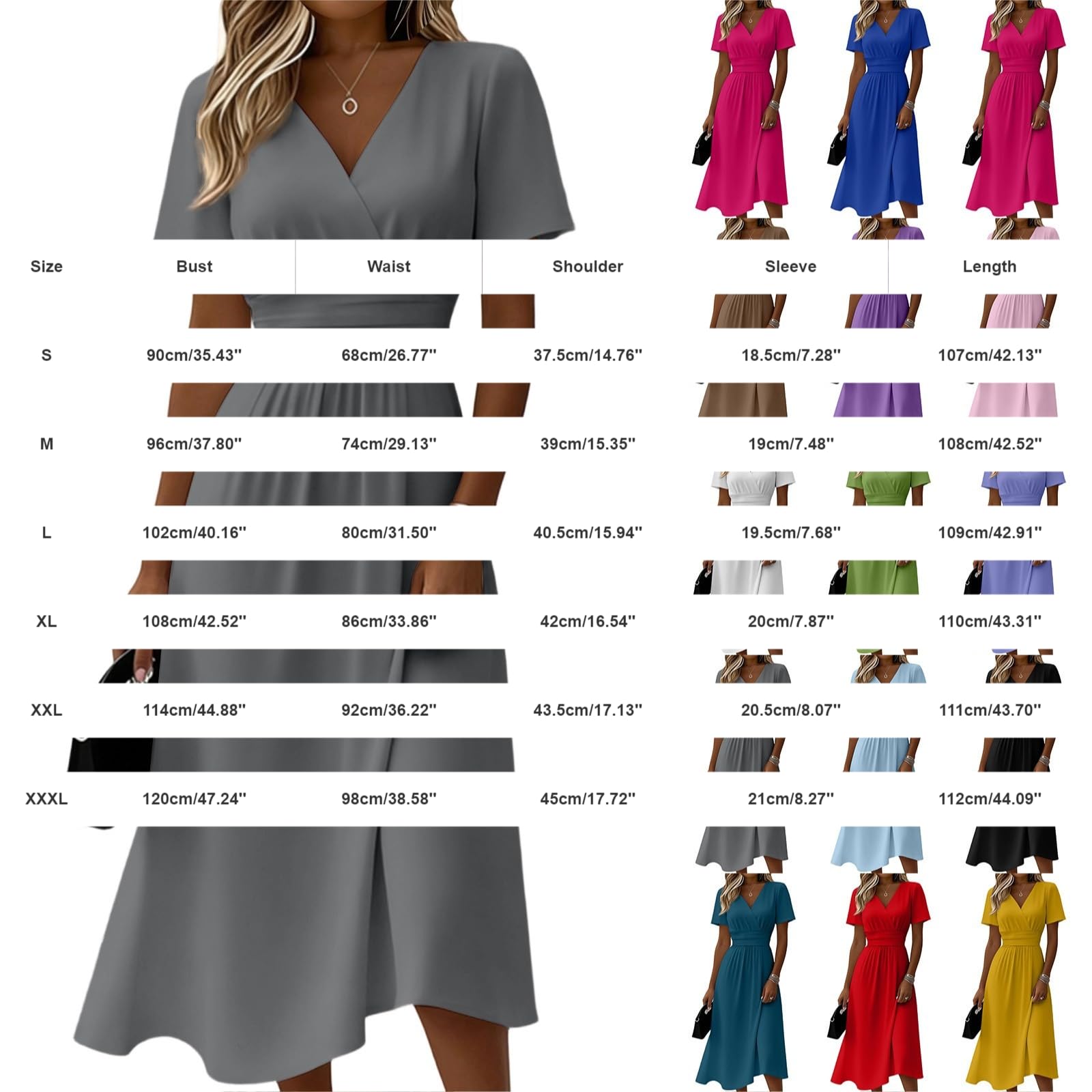 Generico Robe d'été pour femme - Robe d'été à manches courtes - Robe mi-longue décontractée - Taille haute - Col en V - Couleur unie - Élégante robe de style bohème pour les vacances