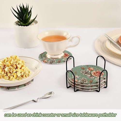 Miniatura 6 de Floral Roses Coasters for Drinks Set of 6 Woven Drink Coaster Set Absorbent for Tabletop Protection Home Coffee Table Decor
