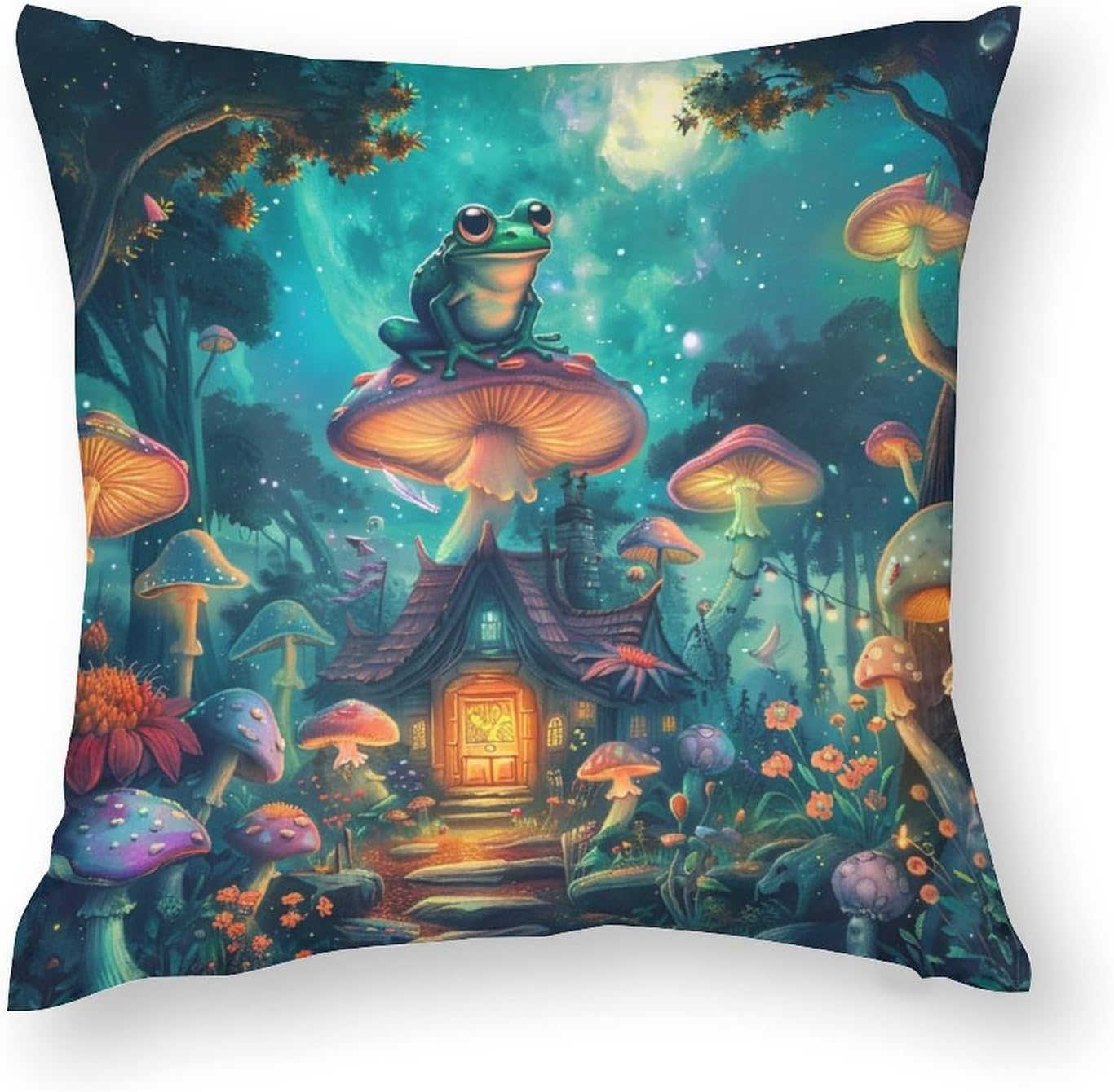 2 Packs Forest Fantasy Throw Pillow Covers for Living Room, Mystical Mushroom Cottage Frog Pillow Covers Cushion Case for Couch Sofa Bed, 20x20 inch