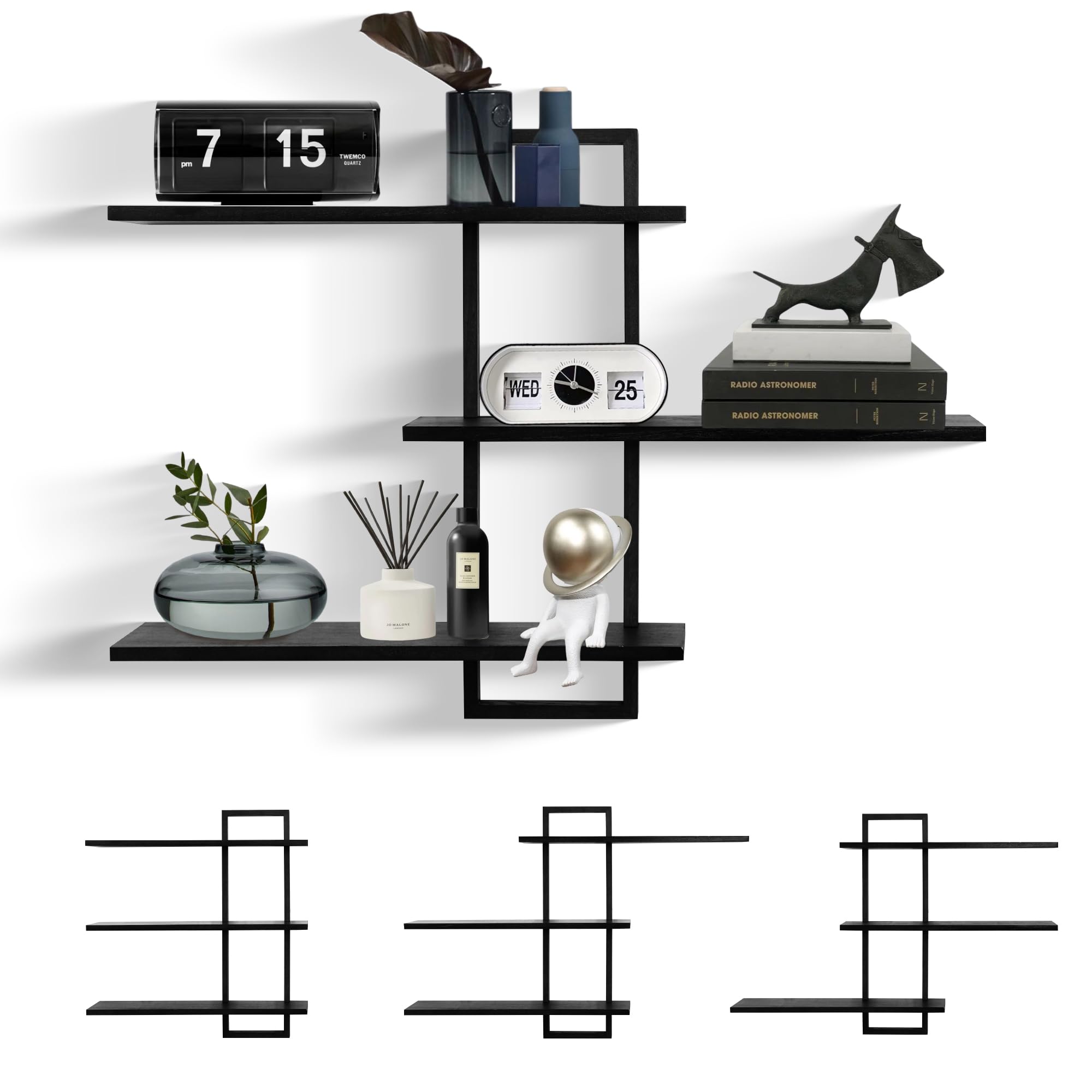ÉTagèRe Murale Flottante à 3 Niveaux - Cadre en ChêNe - ÉTagèRe De Rangement CarréE Rustique pour Salon, Chambre à Coucher - Noir