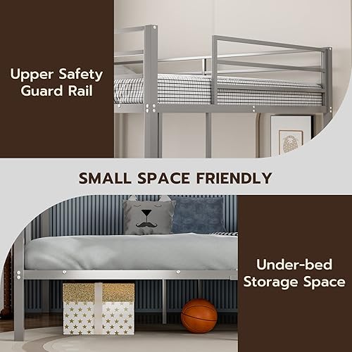 Miniatura 6 de IKIFLY Literas de tamaño matrimonial sobre tamaño matrimonial con luces LED y estación de carga, marco de litera de metal resistente, barandilla de