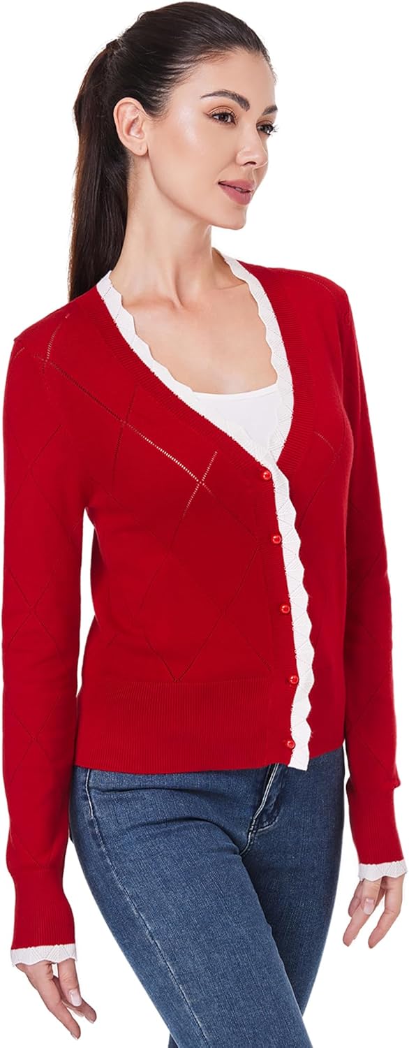 AmélieBoutik Women Lightweight Button Down Long Sleeve Casual V Neck Color Trim Soft Knit Fall Cardigan Sweater Tops - Image 4