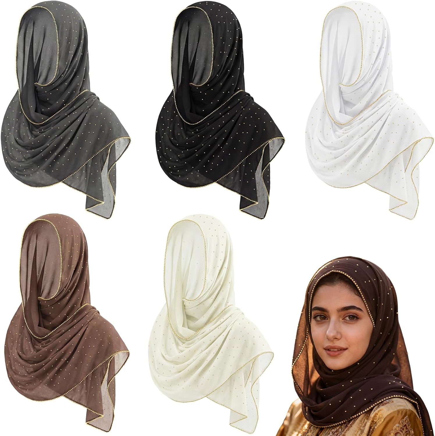 6 Pcs Glitter Rhinestone Hijab Scarf for Women Soft Chiffon Long Scarf Shawl Muslim Hijab Head Wrap Scarves, 6 Colors