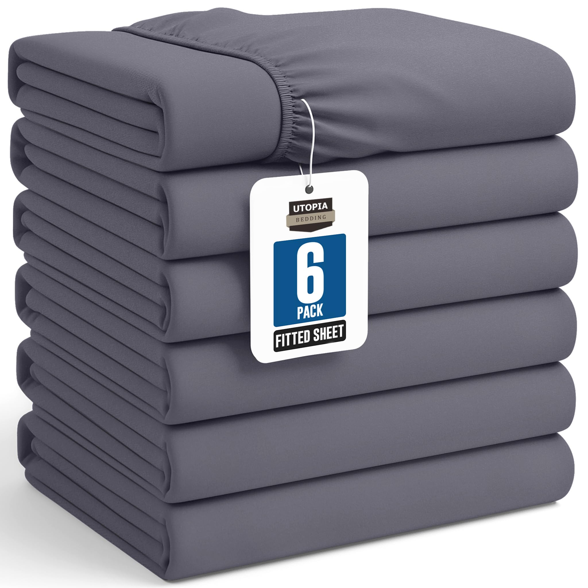 Pack of 6 Full Fitted Sheet, Fits Up to 15 Inch Deep Pocket, Grey