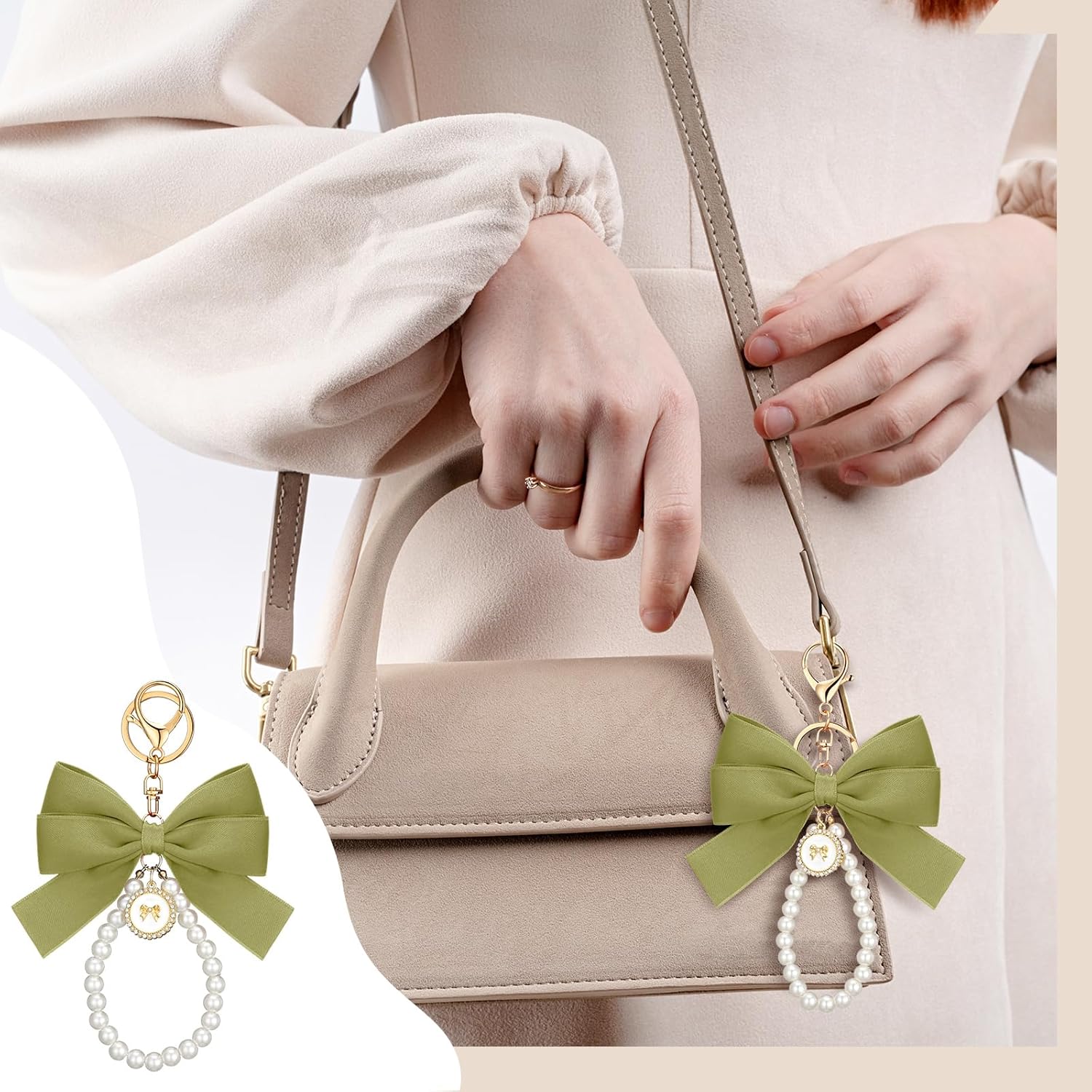 Sureio 6 Pcs Bow Keychain Wristlet for Women Cute Bow Pearl Keychain Lovely Beaded Keyring Pretty Pearl Bag Charm Accessories for Purse Backpacks Handbags Home Keys - Image 6