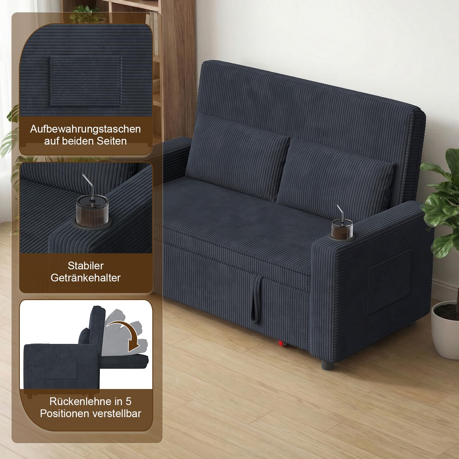 Devoko 2-Sitzer Schlafsofa 140 cm breit, Modernes Sofa mit Schlaffunktion, Ausziehbare Schlafcouch mit Verstellbarer Rückenlehne, Platzsparendes Klappsofa für Wohnzimmer, Blauschwarz