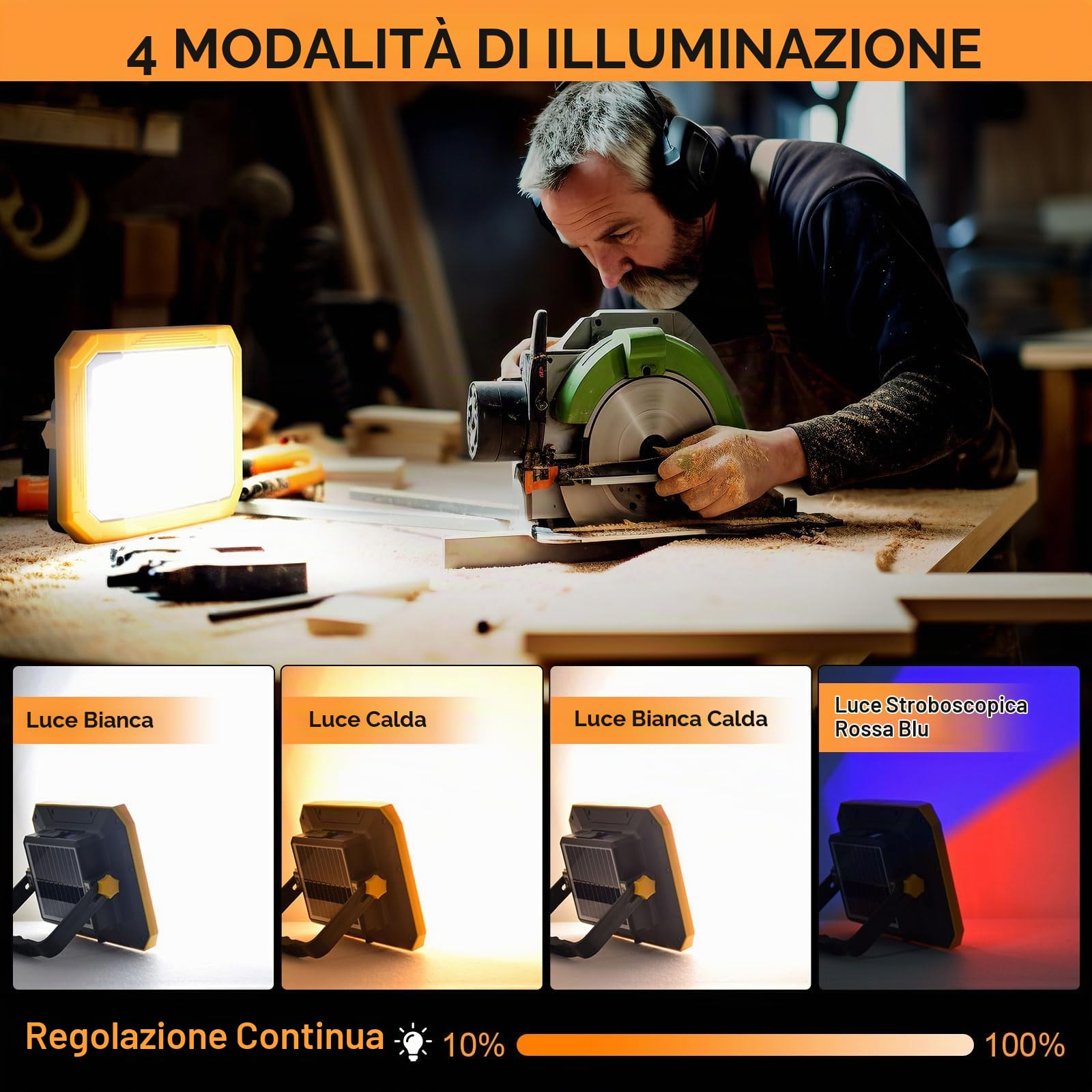 Faro LED Ricaricabile Solare, 10000LM, 7800mAh, 4 Modalità di Luce | 60W, Uscita USB, Base Magnetica, Luce Rossa e Blu, IP54, Leggero & Portatile per Campeggio, Pesca, Emergenze, e Garage