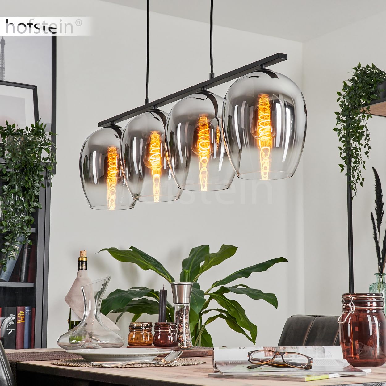 Pendelleuchte Vevino, Hängeleuchte aus Metall/Glas in Schwarz/Chromfarben/Klar, Leuchte im Vintage/Retro Design, Schirme aus Glas (Ø 20 cm), 4-flammig, Höhe max. 111,5 cm, 4 x E27, ohne Leuchtmittel