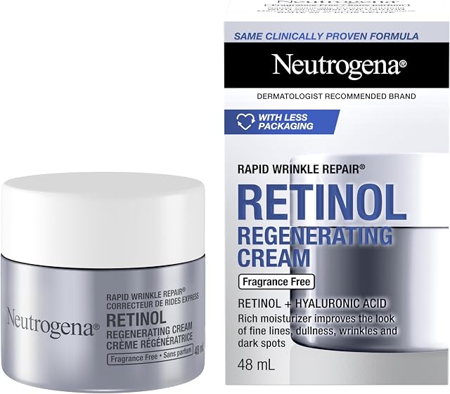 Crème pour le visage anti-âge au rétinol Neutrogena avec acide hyaluronique, hydratant régénérant pour réparation rapide des rides, sans parfum, sans parabènes, sans huile, 48mL