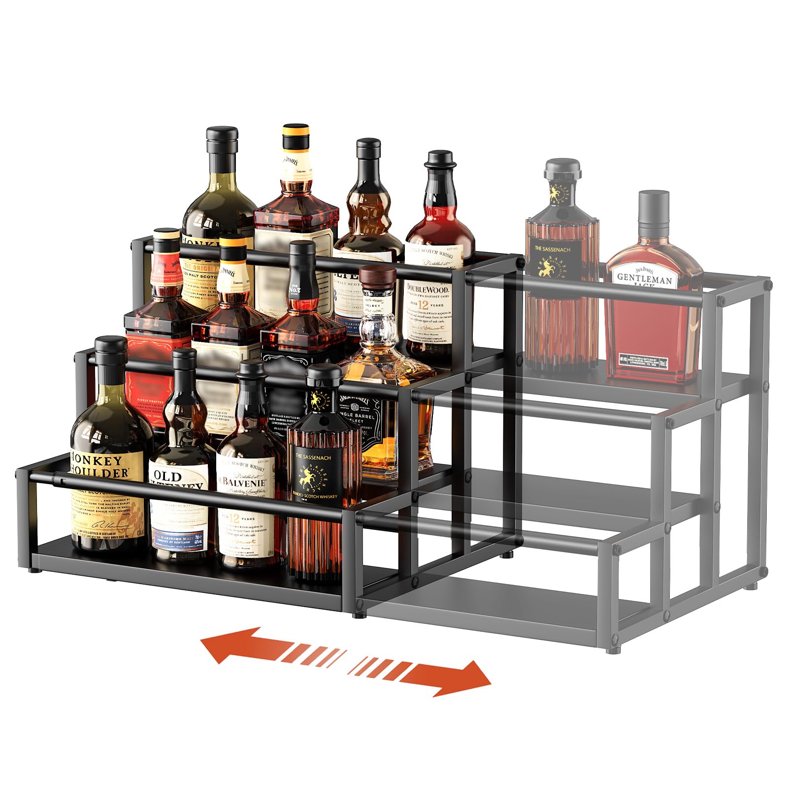 Nuovoware Expandable Liquor Bottle Display Shelf, 3-Tier, Black