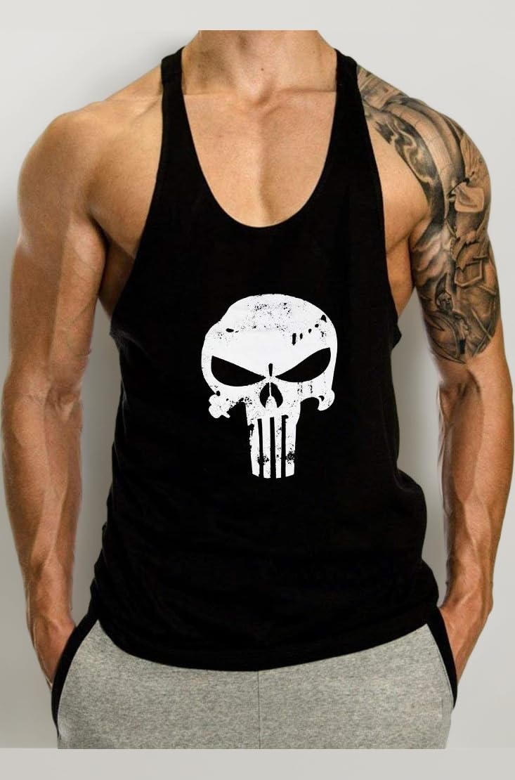 0015 Men's Skull Print Stringer Y Back Bodybuilding Gym Tank Tops Workout Fitness Vest