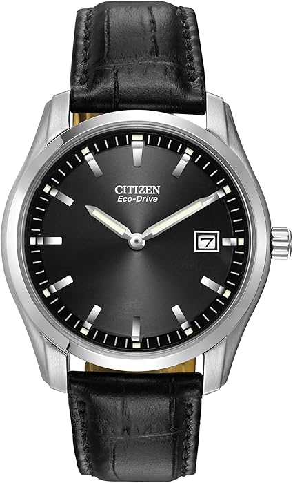 Citizen Men's Classic Eco-Drive Leather Strap Watch, Date, Luminous Hands and Markers, Black Dial, Black Strap/Stainless Steel