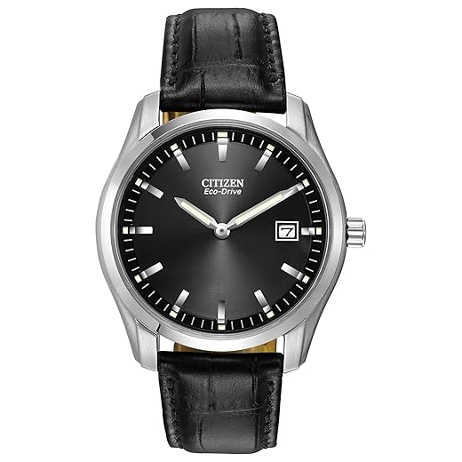 Citizen Relógio masculino clássico com pulseira de couro Eco-Drive, data, ponteiros e marcadores luminosos, mostrador preto
