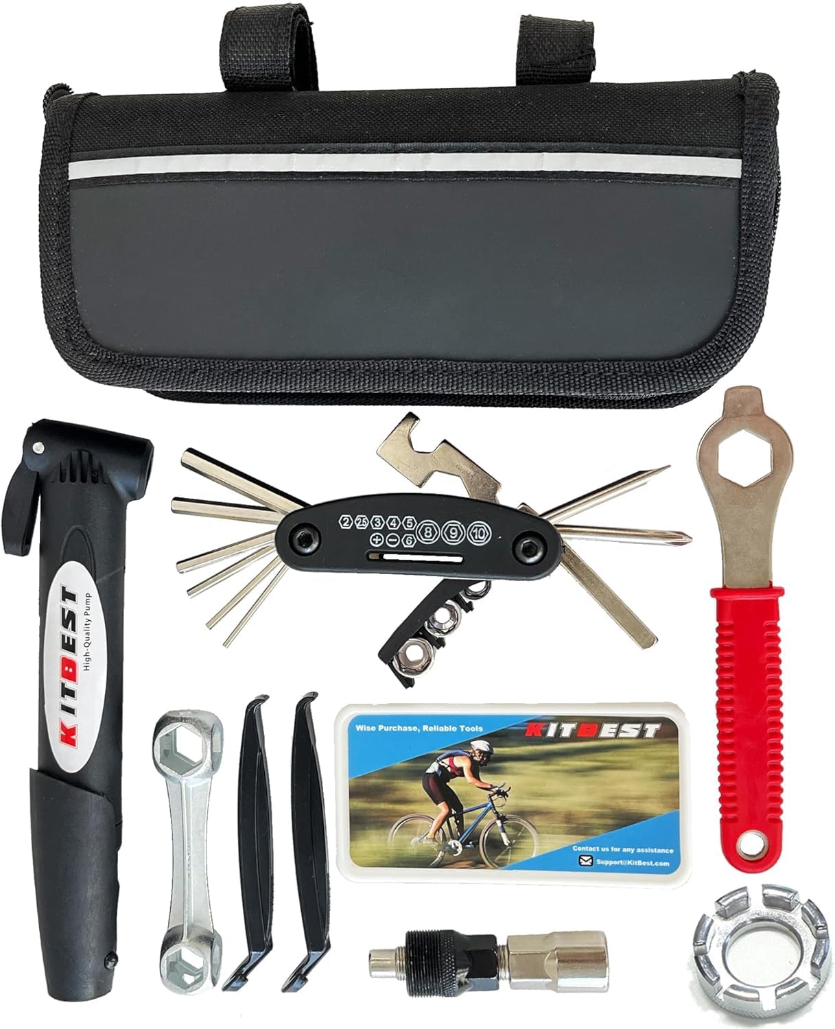 KITBEST Kit di riparazione per bici, kit di attrezzi per bicicletta con pompa e borsa, kit di riparazione per pneumatici con kit di riparazione per pneumatici 16 in 1, accessori per mountain bike