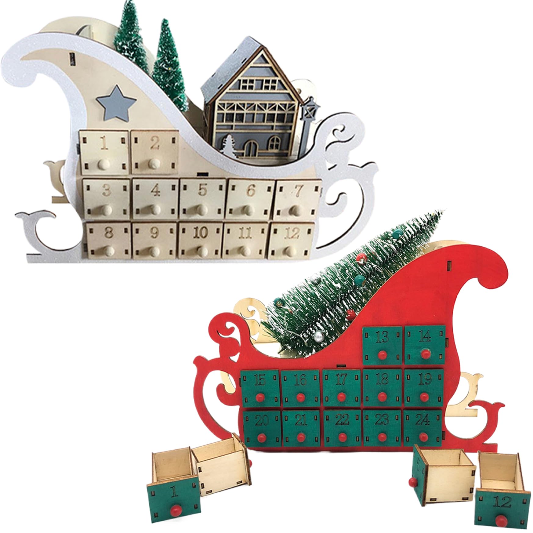 Calendario dell'avvento di Natale Calendario dell'avvento in legno a forma di slitta con albero di Natale e 24 cassetti vuoti Calendario del conto alla rovescia di Natale per bambini adulti, rosso,