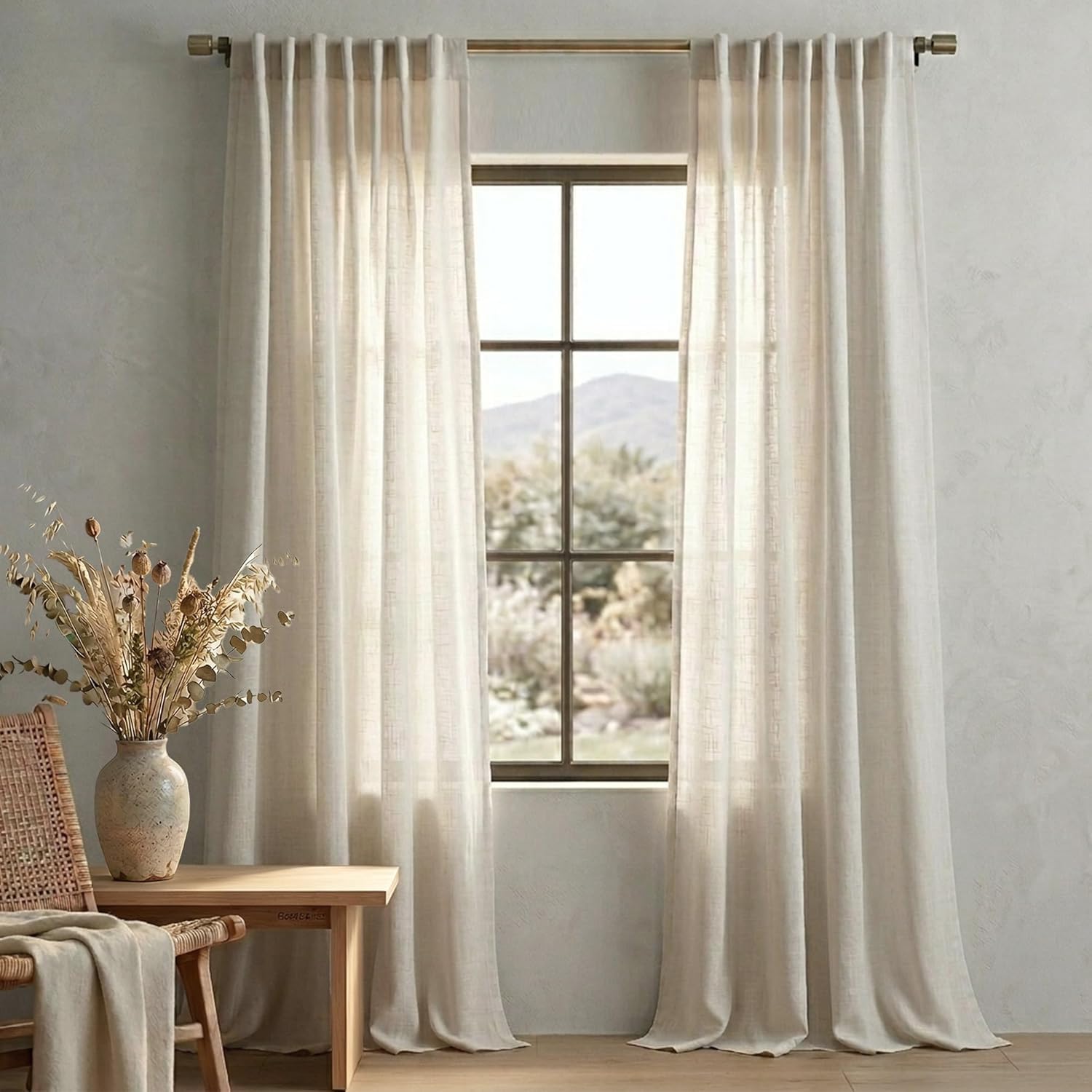 Mrs.Naturall Linen Curtain for Living Room, Light Filtering, Loops on the Back, Semi-Transparent, for Bedroom, 102 Inch Long, 2 Panels, Beige — image 1
