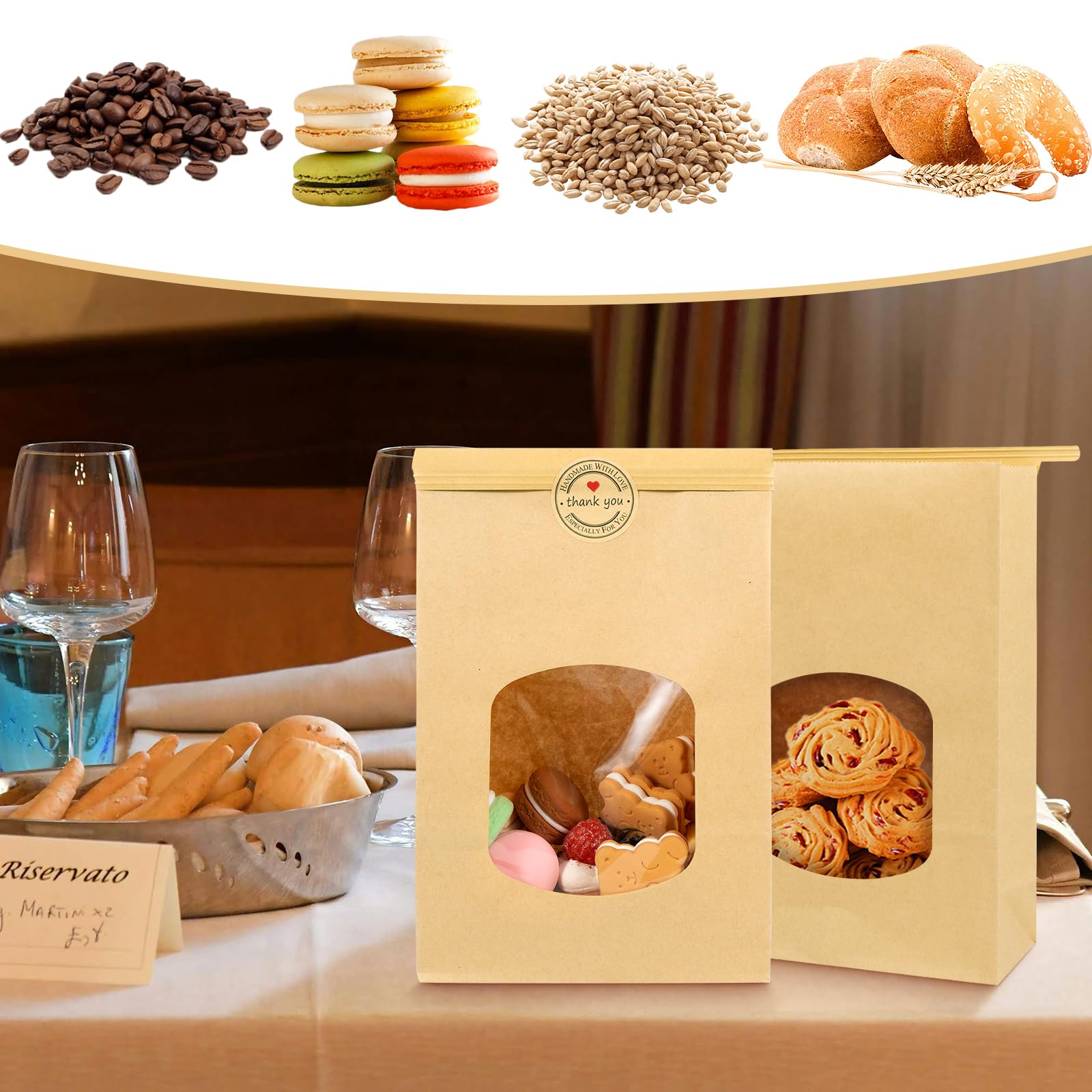 30 bolsas de panadería con ventana Kraft bolsas de papel de estaño Tie Tab Lock Bolsas para almacenar galletas alimentos secos Snack