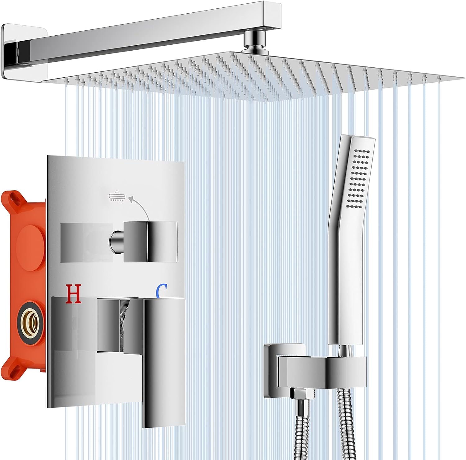 NERDON Shower System, 12 Inch Chrome High Pressure Rain Shower Head with Handheld, Wall Mounted Mixer Shower Combo Set, Bathroom Rainfall Shower head Shower Faucet Brass Shower Valve and Trim