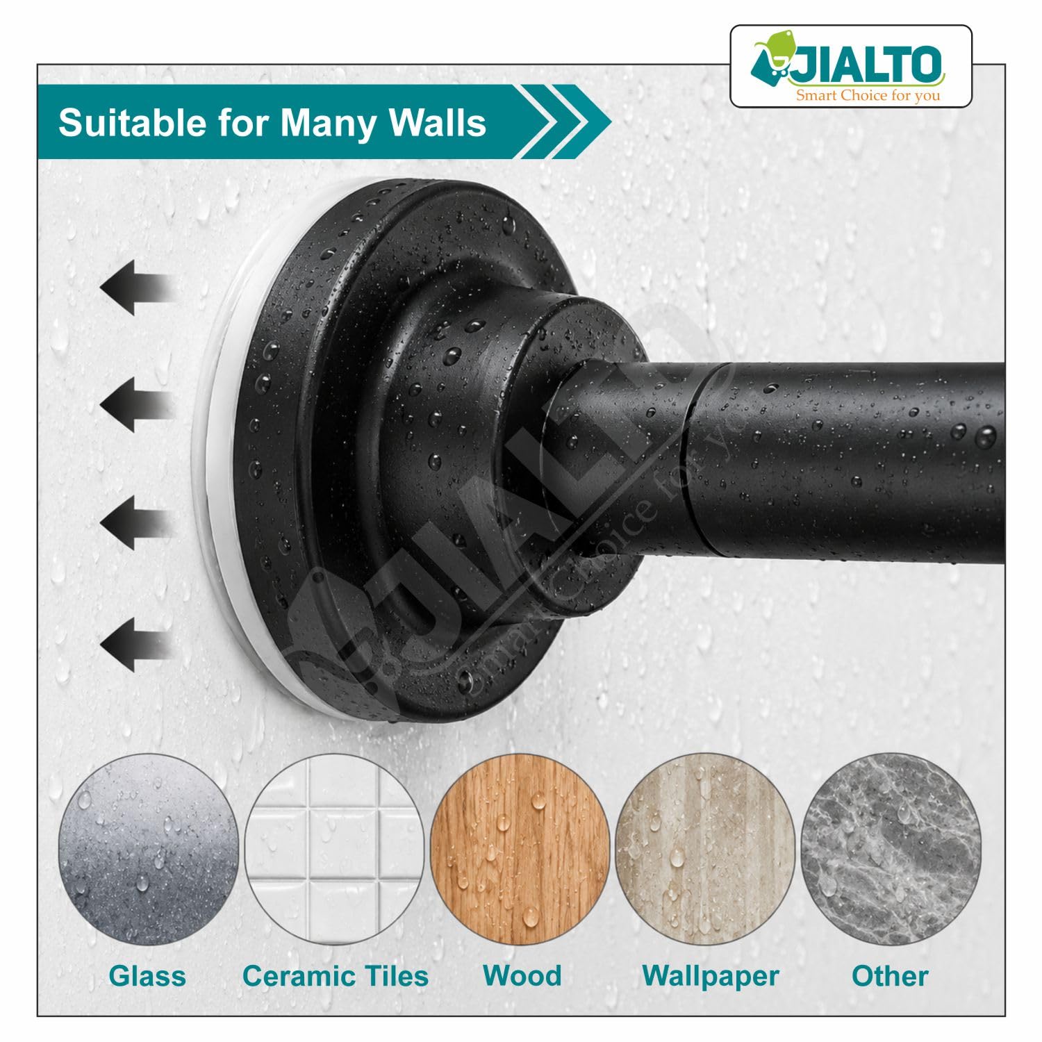 JIALTO Adjustable Bathroom Shower Curtain Rod 155 To 295 Cm Extendable Shower Tension Rod | Without Drill for Wall Anti-Skid Spring Pull Door | Telescopic Shower Curtain Stand (BLACK - 1 Pcs) — Amazon image 8