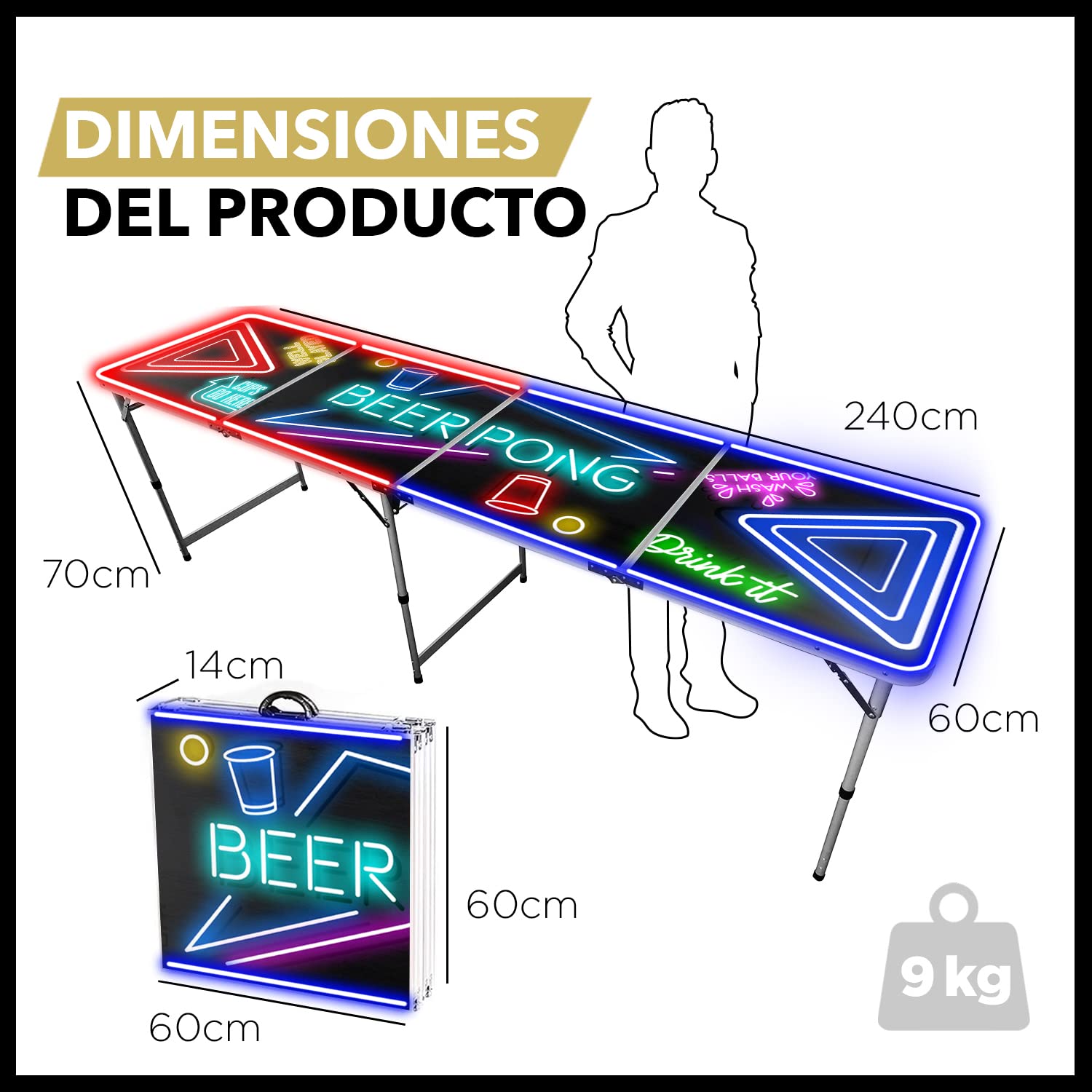 Original Cup® - Mesa de Beer Pong® Iluminada con Luces de Neón Rojas y Azules - Plegable y Transportable con Revestimiento Impermeable Anti Rayos - Aprobada para Torneos de Beer Pong - Juego