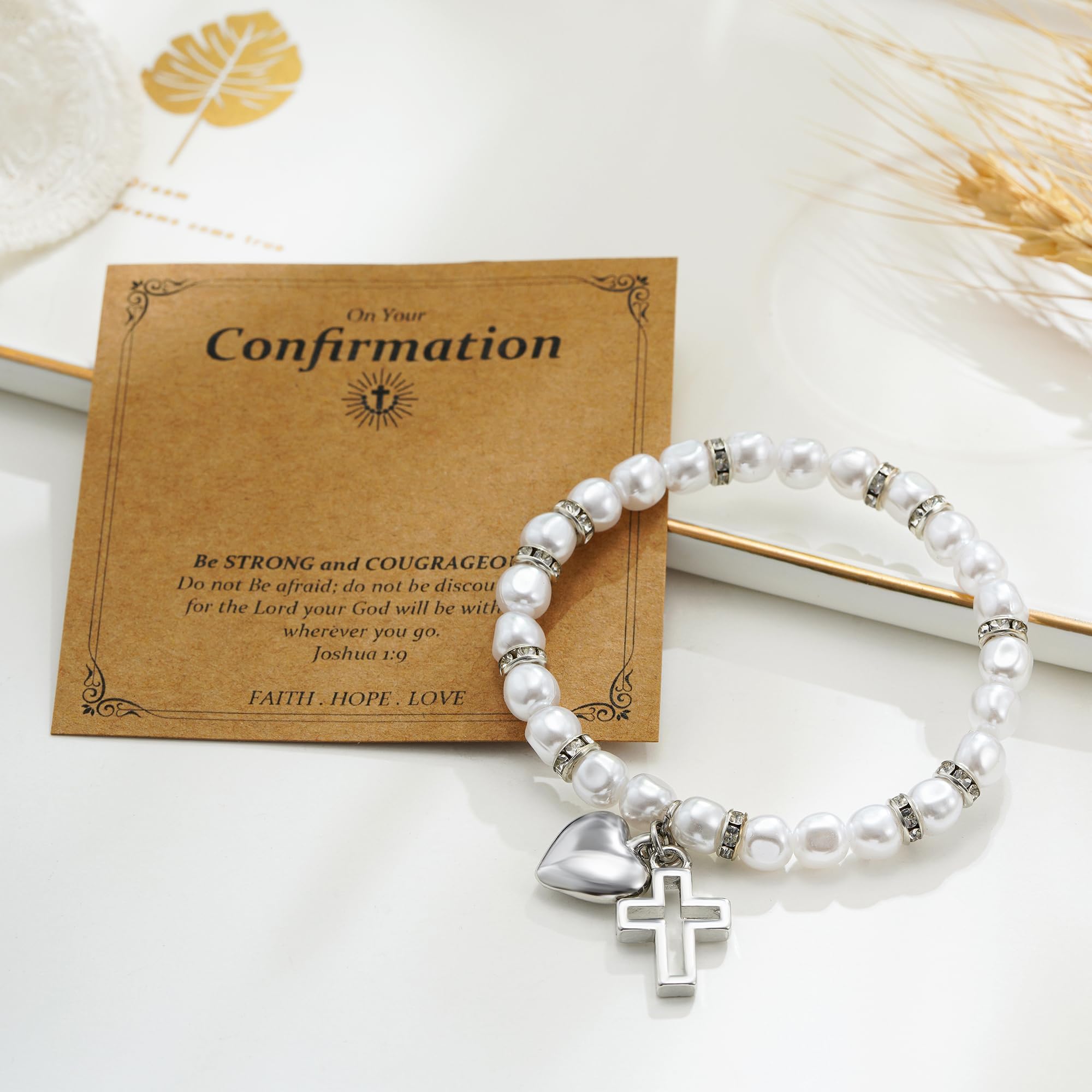 Bransoletka dla dziewcząt z zawieszką w kształcie krzyża, bransoletka z pereł, na komunię, dla dziewcząt, biżuteria religijna, prezent na komunię, dla dziewcząt, wiara chrześcijańska