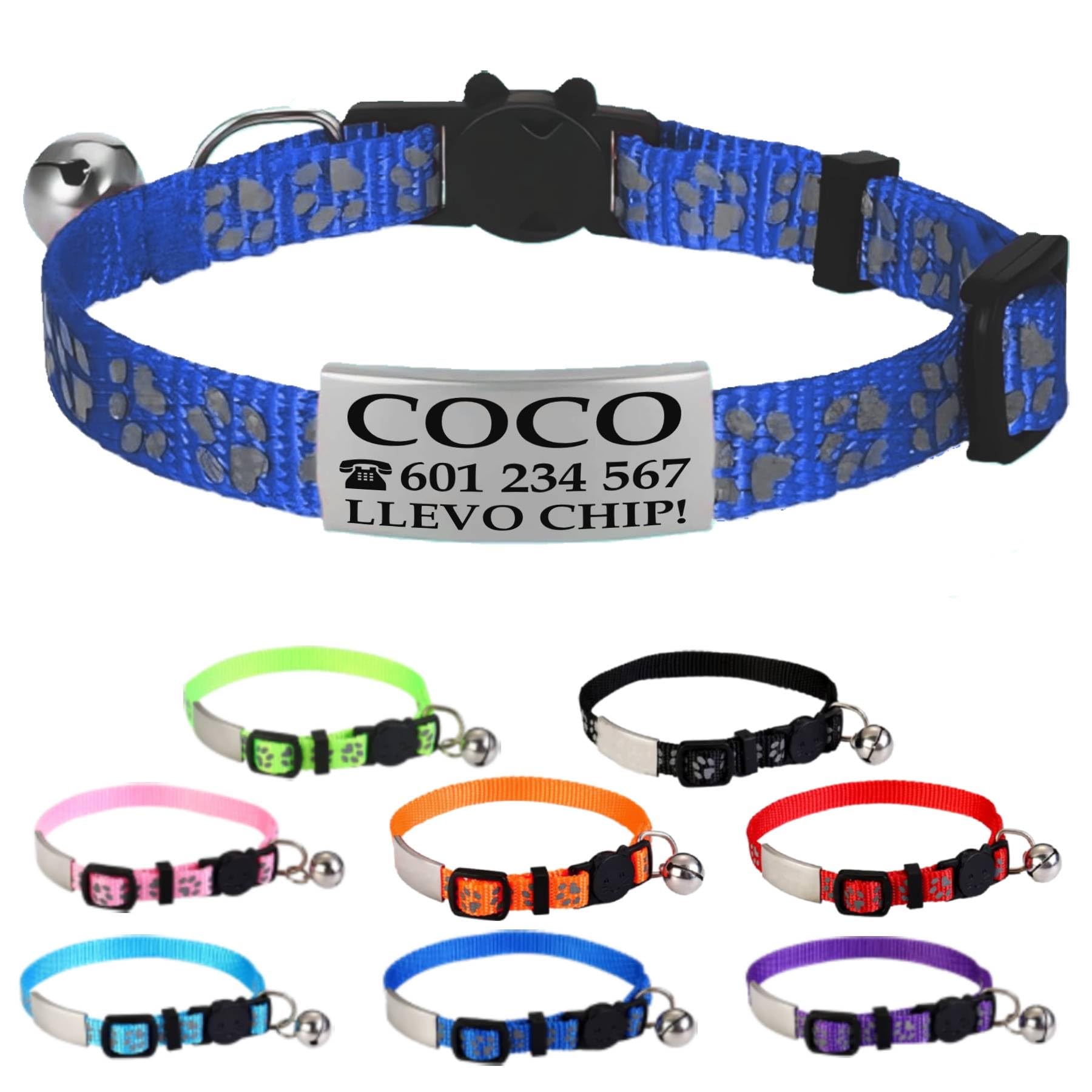 Collar Gato Personalizado Antiahogo y Reflectante, Ajustable De 22 a 30 cm, Grabado Con Nombre, Para Gatos De Todos Los Tamaños, Sin Cascabel (Azul)