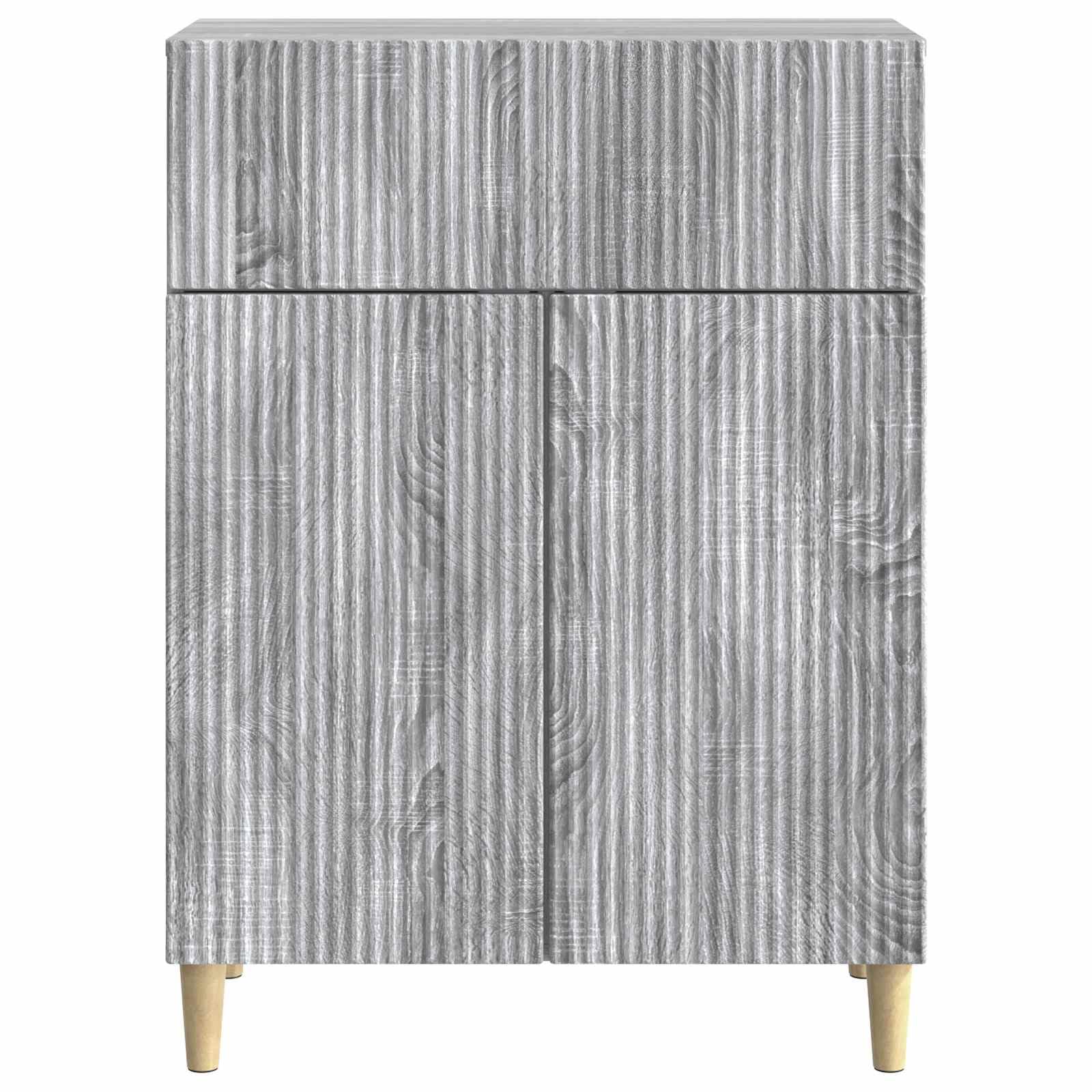 Bufet Sonoma szary 66 x 34,5 x 90 cm z drewna inżynieryjnego, meble vintage z półkami, drzwiami i szufladami do salonu lub jadalni, elegancki design i wygodne przechowywanie.