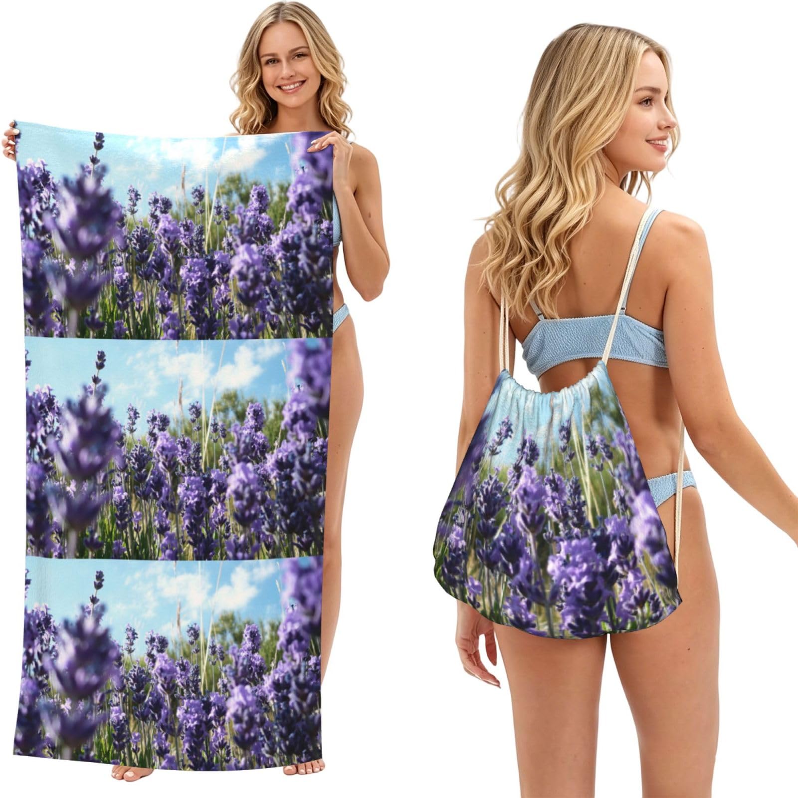 Poadnly As Picture Lavender, 2 In 1 Packable Towel Bag, Beach Towels With Drawstring Backpack For Travel Holiday Camping