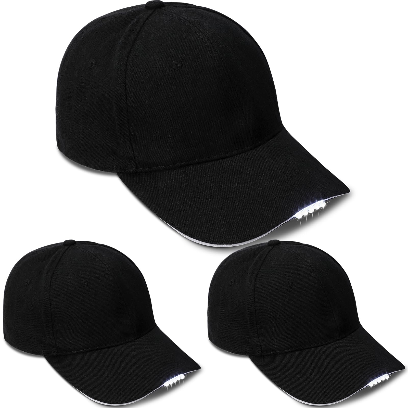 3 Pcs LED Baseball Cap Baseball Hat 5 LED Headlight with Button Cell Headlamp Hat Flashlight Cap for Camping Jogging