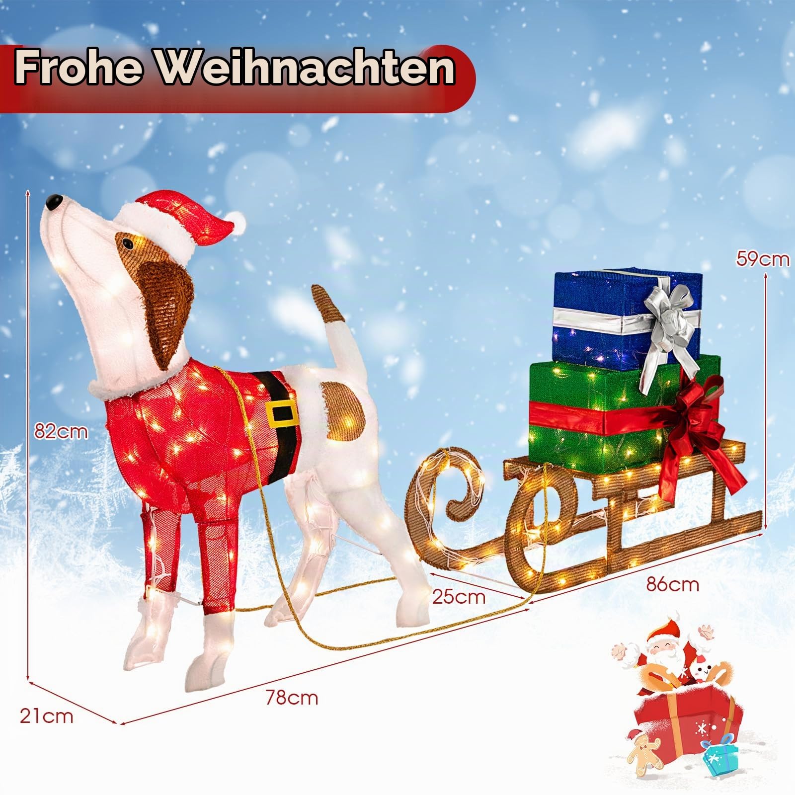 FANTASK Hundeschlitten und Geschenkbox mit 170 warmen LED-Lichtern, Weihnachtsdeko Hund mit Schlitten, Weihnachtsdekoration für außen und innen