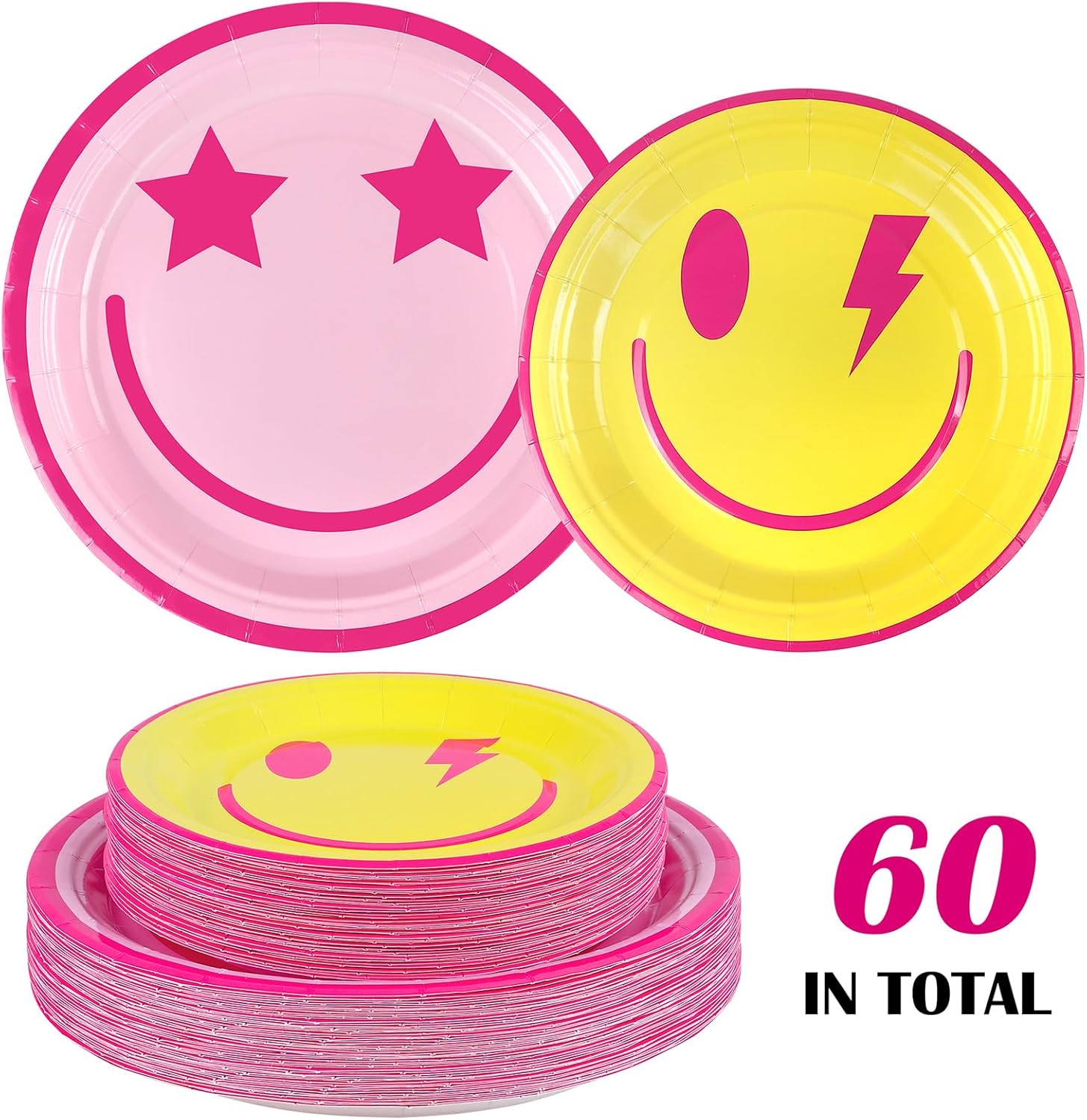 durony 210 Pieces Preppy Smiley Face Party Decorations Tableware Set Disposable Paper Smile Face Plates Napkins Cups Cutlery for Preppy Birthday Party Supplies Baby Shower Decor, Serve 30 Guest