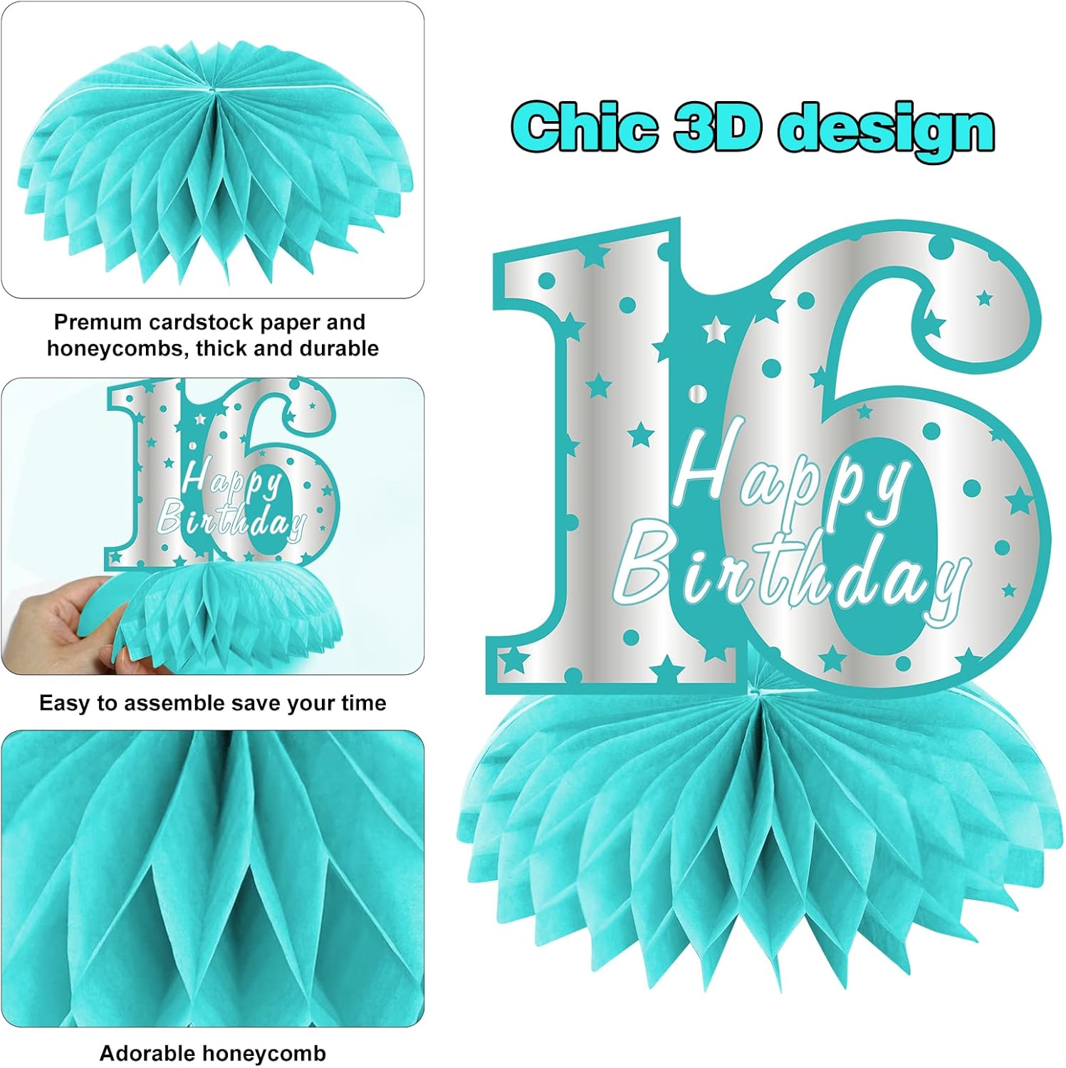 Teal Sweet 16th Birthday Decorations Honeycomb Centerpieces, 8Pcs Breakfast Blue Happy 16 Birthday Table Centerpieces Party Supplies for Girls, Teal Blue Sixteen Bday Party Table Toppers Sign Decor - Image 5
