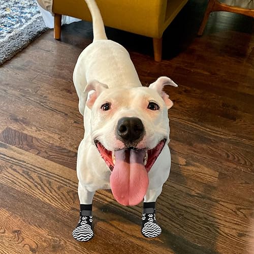 Miniatura 9 de EXPAWLORER 6 calcetines antideslizantes para perros para evitar lamer las patas, zapatos de perro para pavimento caliente, botas de perro de doble