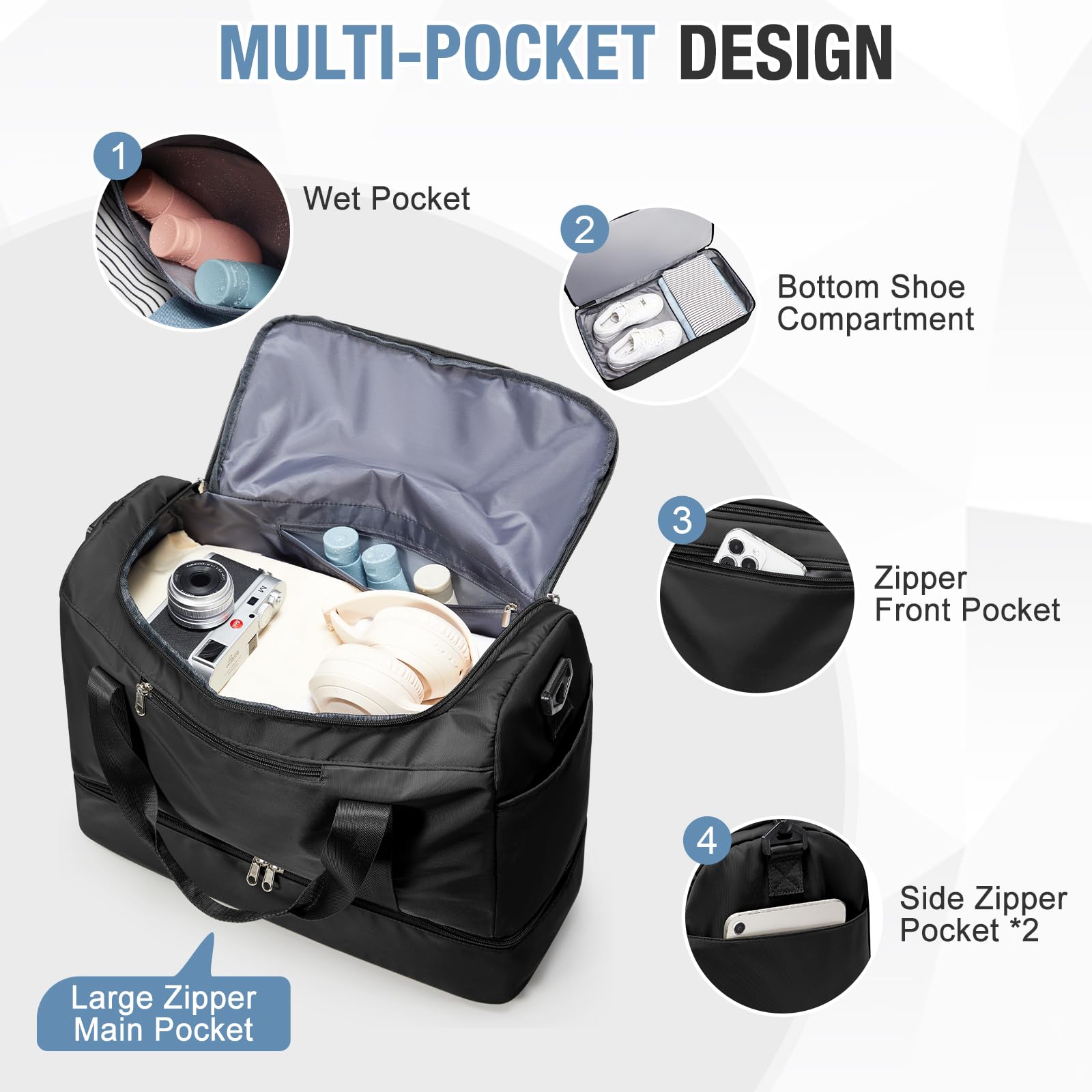 Sac de Voyage 45x36x20 pour Easyjet,Bagage à Main Léger, Sac fourre-Tout de Sport Imperméable pour Week-End avec Compartiment à Chaussures pour Travel Gym Danse,A02 - Noir