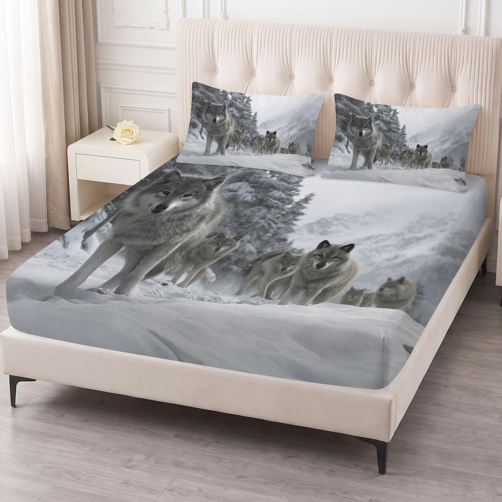 Sábana bajera ajustable de 160 x 200 cm, diseño de lobo, bosque de nieve, moderno, rústico, color blanco, suave y transpirable, de microfibra, para cama de agua