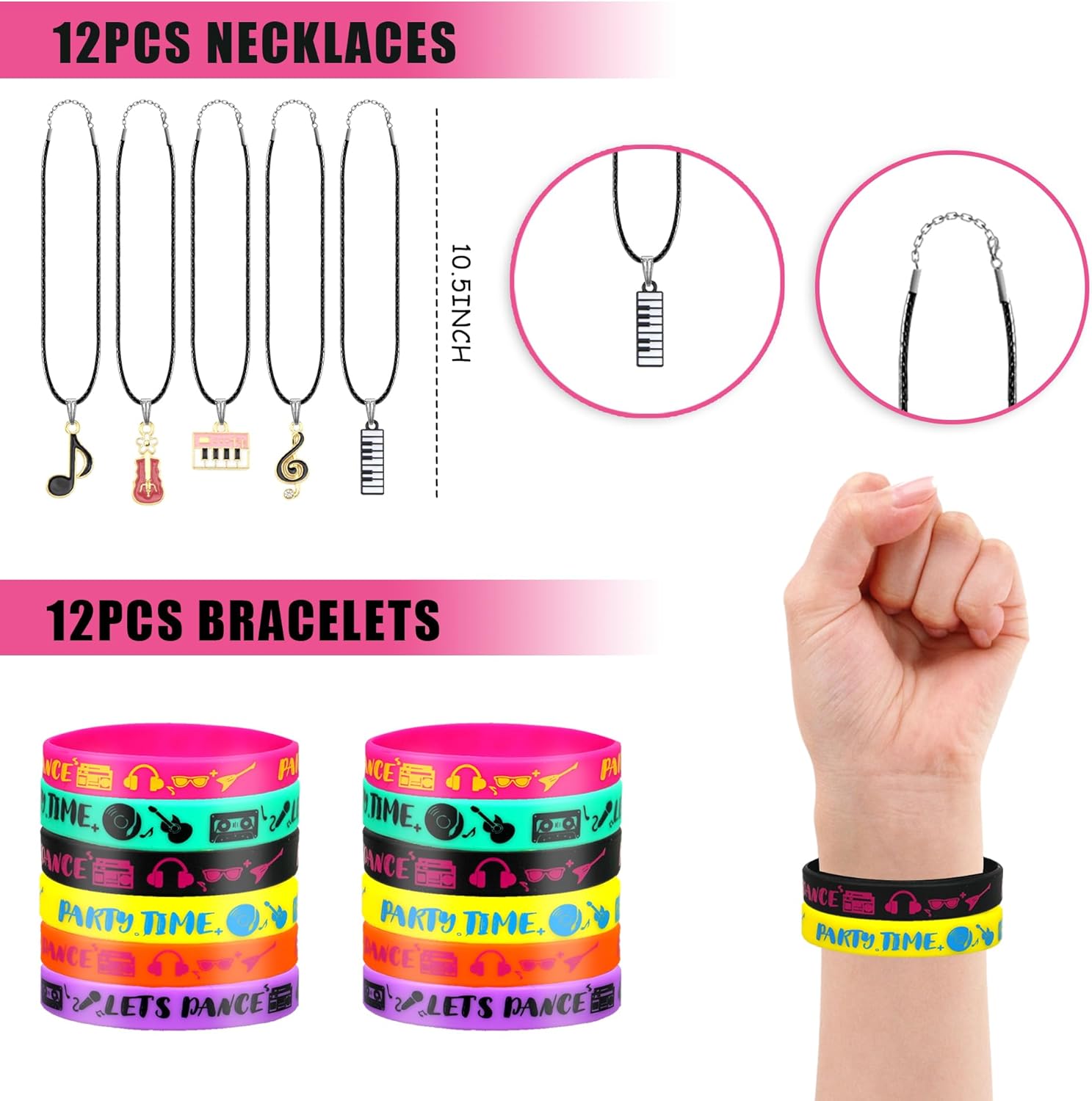 Tazimi 130 PCS 80s 90s Party Favors Back to 80s 90s Party Supplies with Button Pins Necklaces Stickers Rubber Bracelets for Retro Music Hip Hop Disco Born in the 80's 90’s Themed Party (style 1) - Image 4