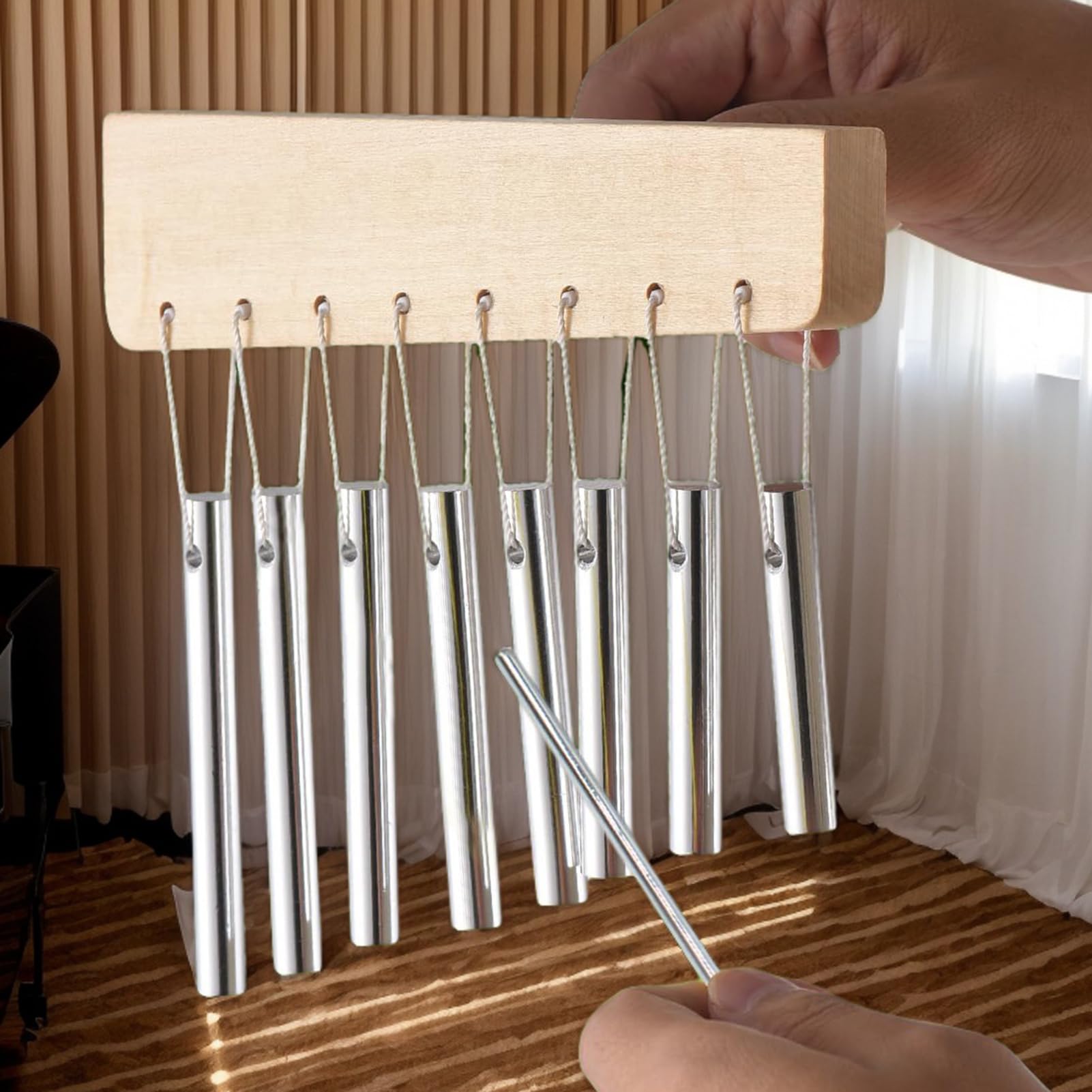 Chimes Percussion - Carillón de mano de madera con 8 tonos, instrumento musical con tubo de aluminio macizo y mazo para templos, escuela, clases, ejercicio de concentración en casa