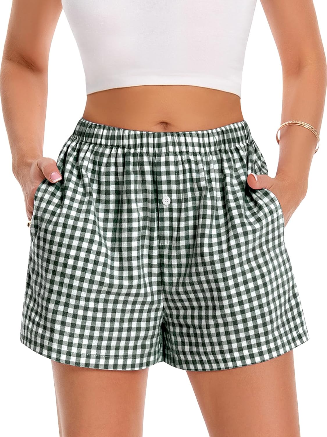 Boxer Shorts for Women Summer Gingham Pajama Casual Plaid Shorts Y2K Beach Bottoms with Pocket - Image 6