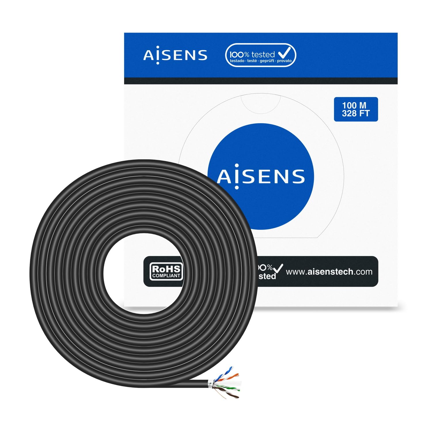 AISENS Netzwerkkabel für den Außenbereich, wasserdicht, RJ45, Cat.6, FTP, AWG24, Schwarz, 100 m